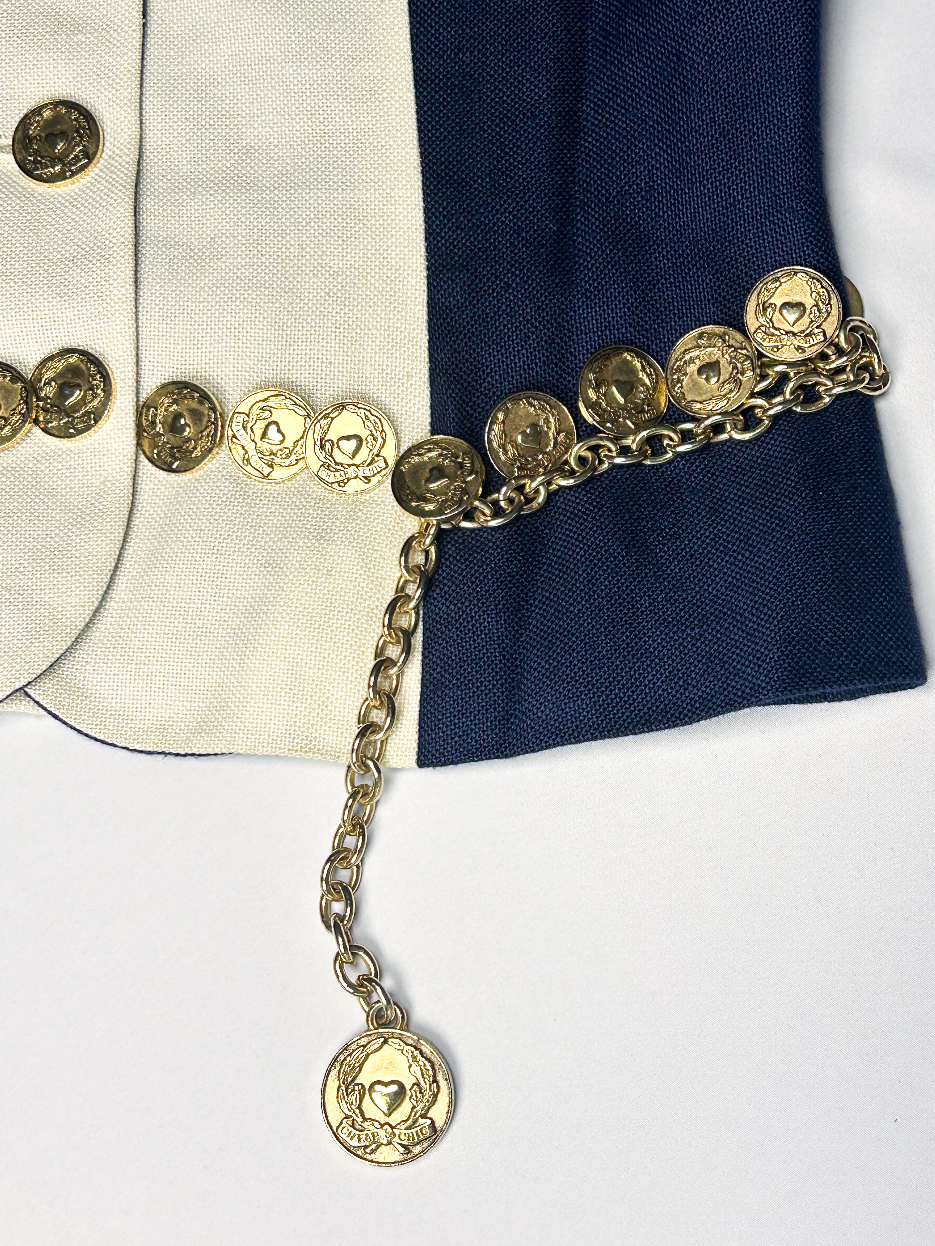 Moschino Cheap and Chic 1990s Navy & Cream Color-Block Blazer with Coin Belt - S/M