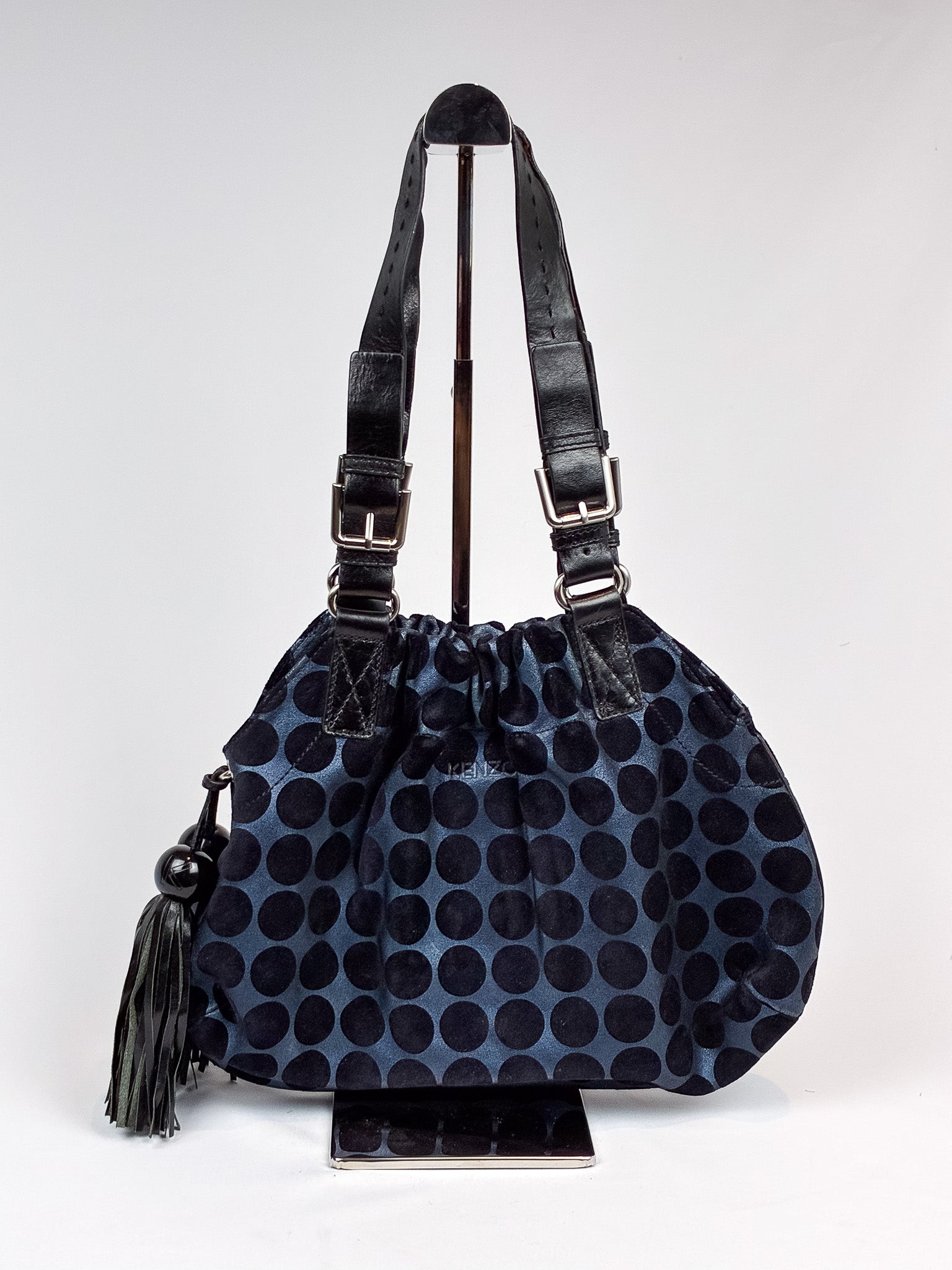 Kenzo 2000s Blue and Black Polka Dot Suede Shoulder Bag
