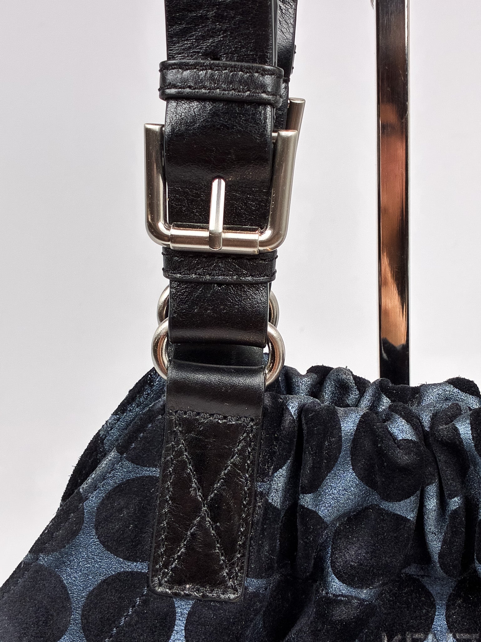 Kenzo 2000s Blue and Black Polka Dot Suede Shoulder Bag