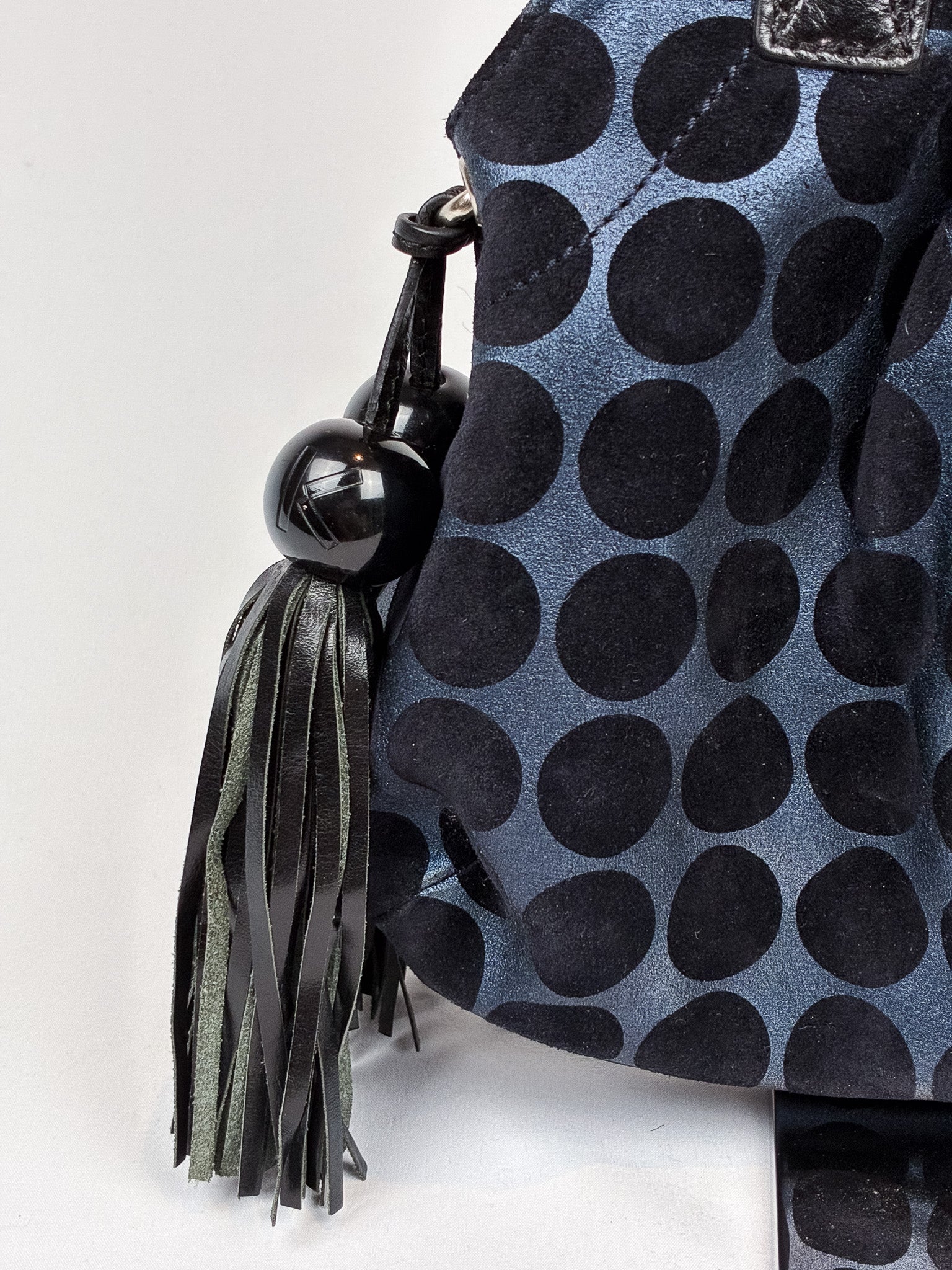 Kenzo 2000s Blue and Black Polka Dot Suede Shoulder Bag