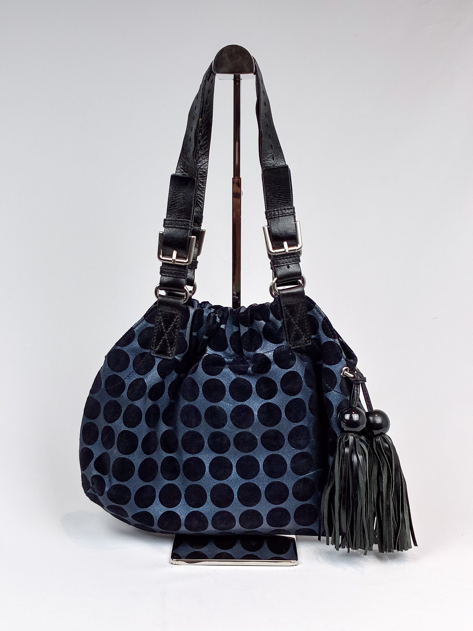 Kenzo 2000s Blue and Black Polka Dot Suede Shoulder Bag