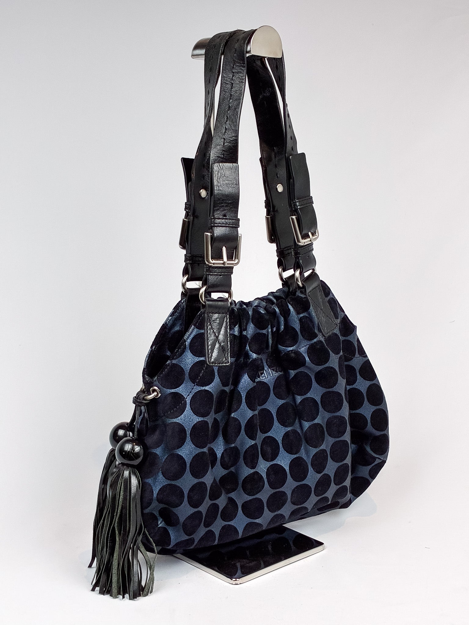 Kenzo 2000s Blue and Black Polka Dot Suede Shoulder Bag
