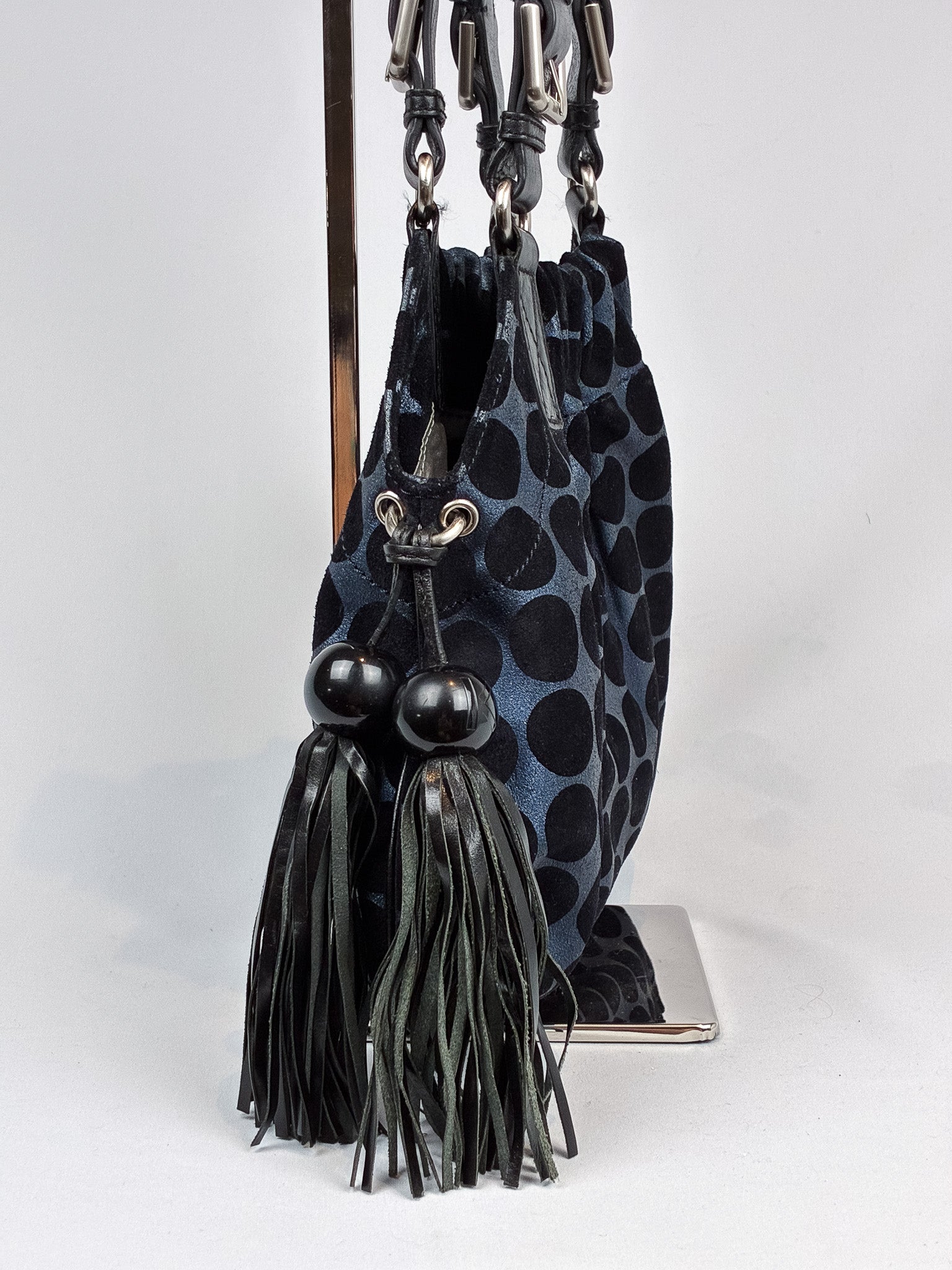 Kenzo 2000s Blue and Black Polka Dot Suede Shoulder Bag