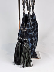 Kenzo 2000s Blue and Black Polka Dot Suede Shoulder Bag
