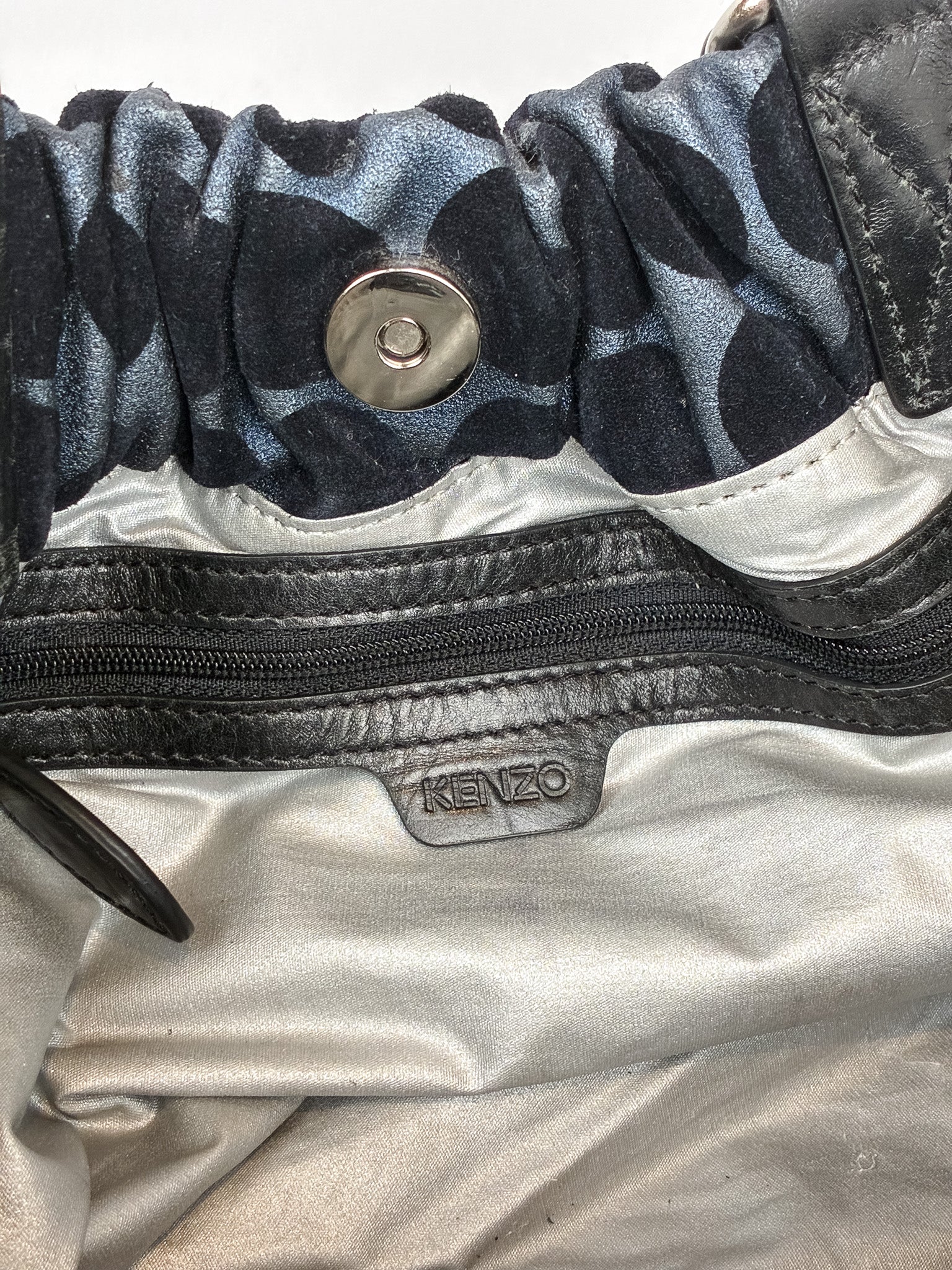 Kenzo 2000s Blue and Black Polka Dot Suede Shoulder Bag
