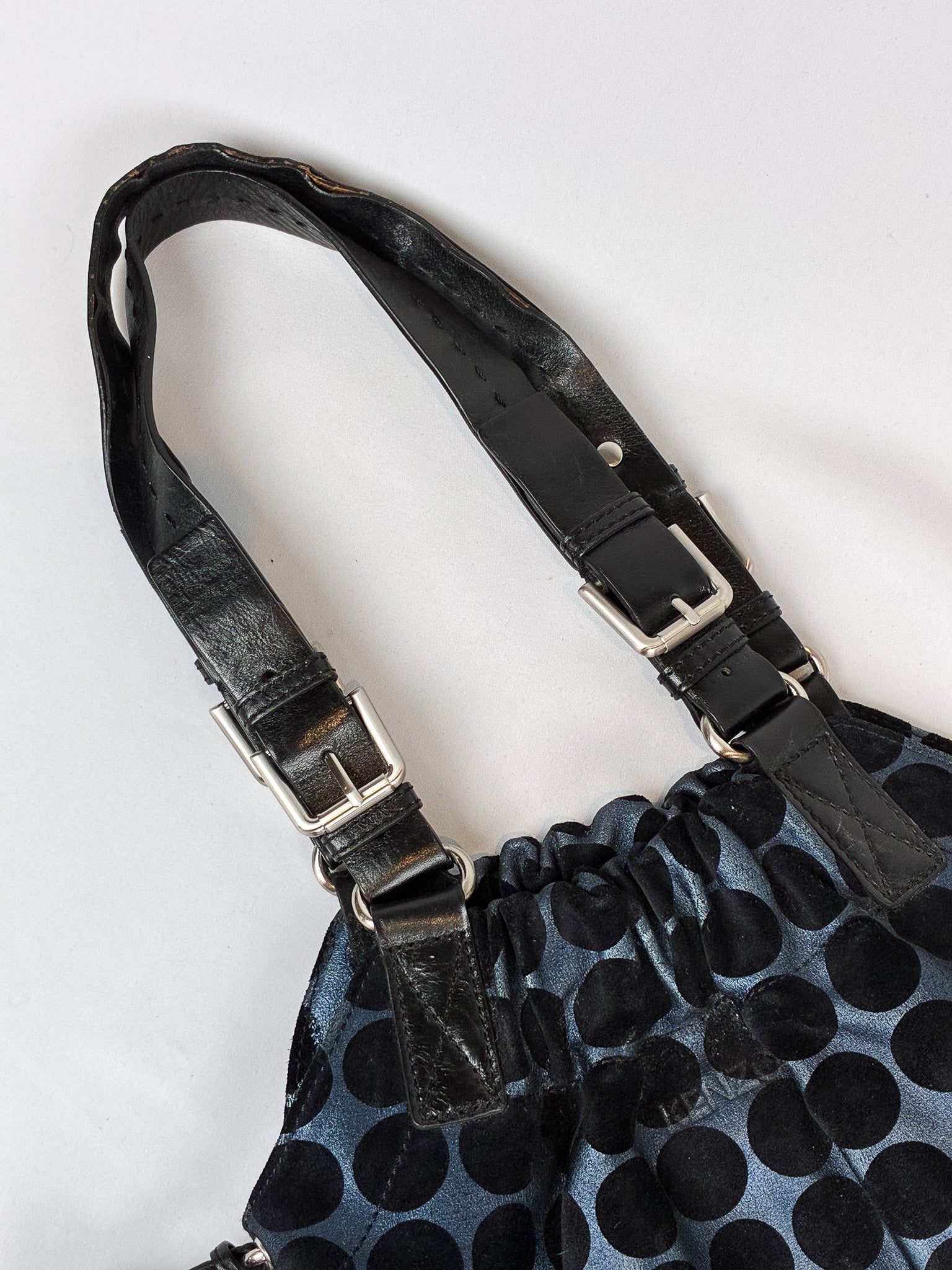 Kenzo 2000s Blue and Black Polka Dot Suede Shoulder Bag