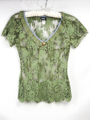 D&G Dolce & Gabbana 2000s Green Floral Lace V-Neck Top - XS