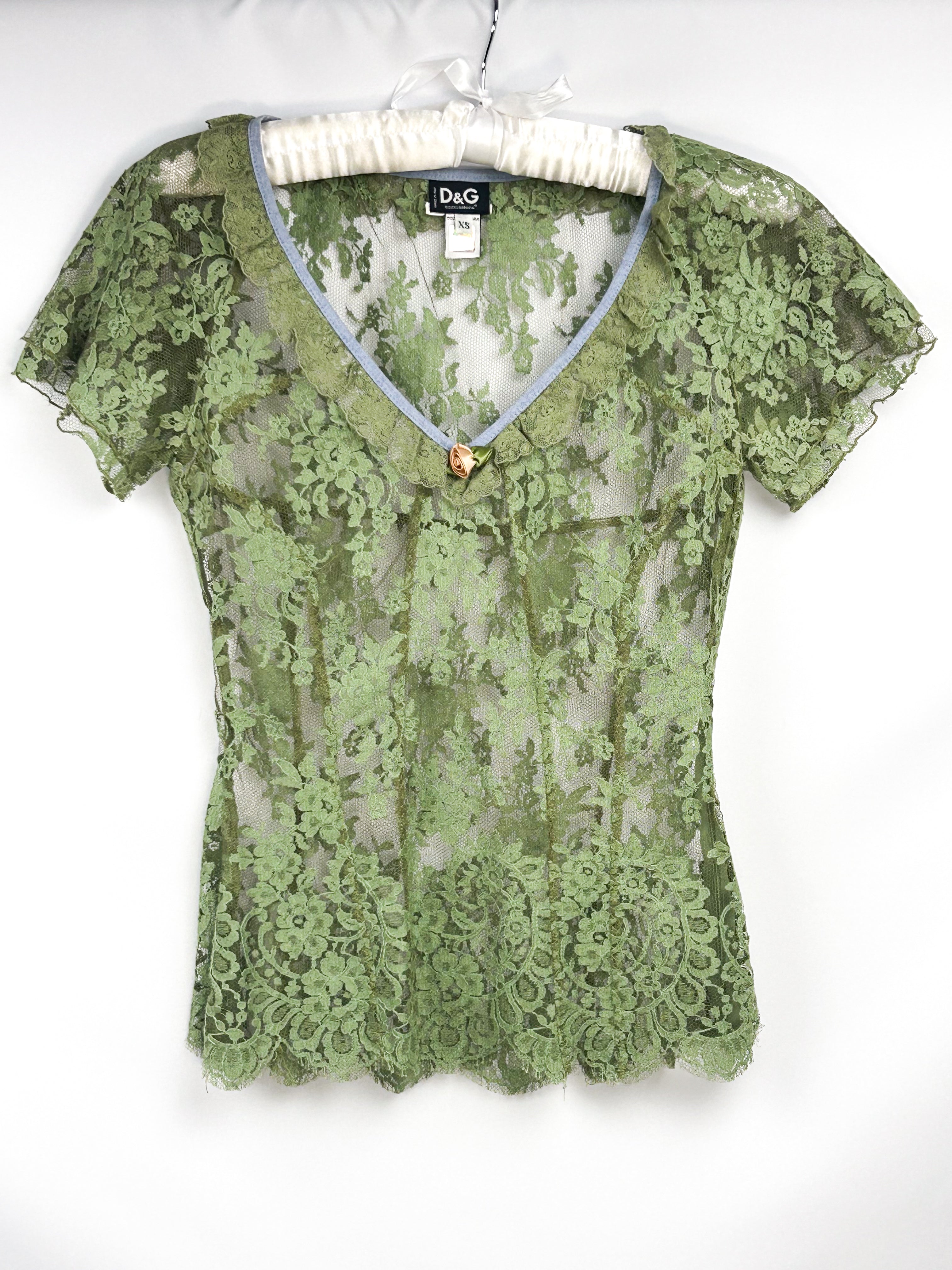 D&G Dolce & Gabbana 2000s Green Floral Lace V-Neck Top - XS