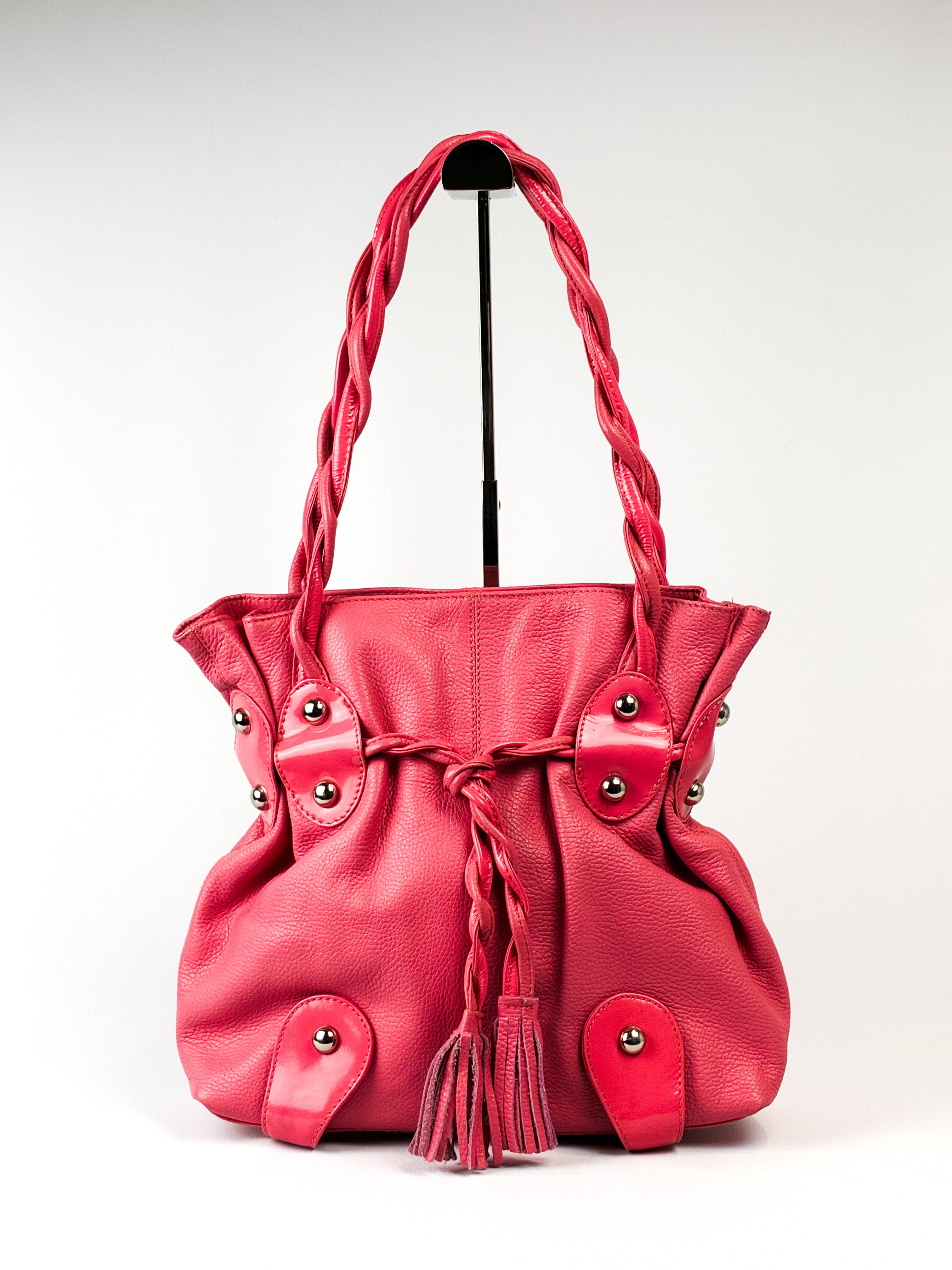 Michael Rome Designs 2000s Pink Leather Studded Drawstring Shoulder Bag