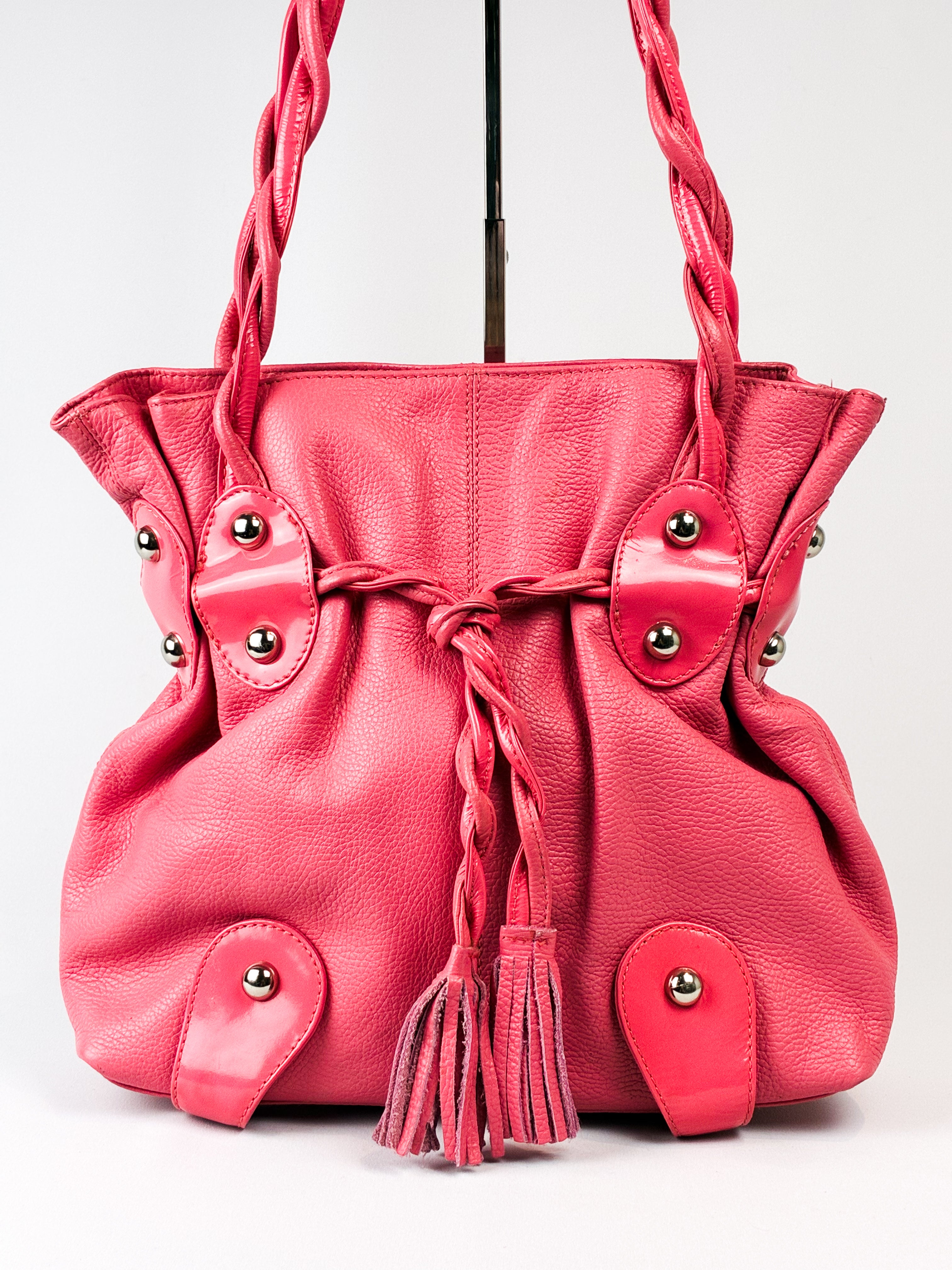 Michael Rome Designs 2000s Pink Leather Studded Drawstring Shoulder Bag