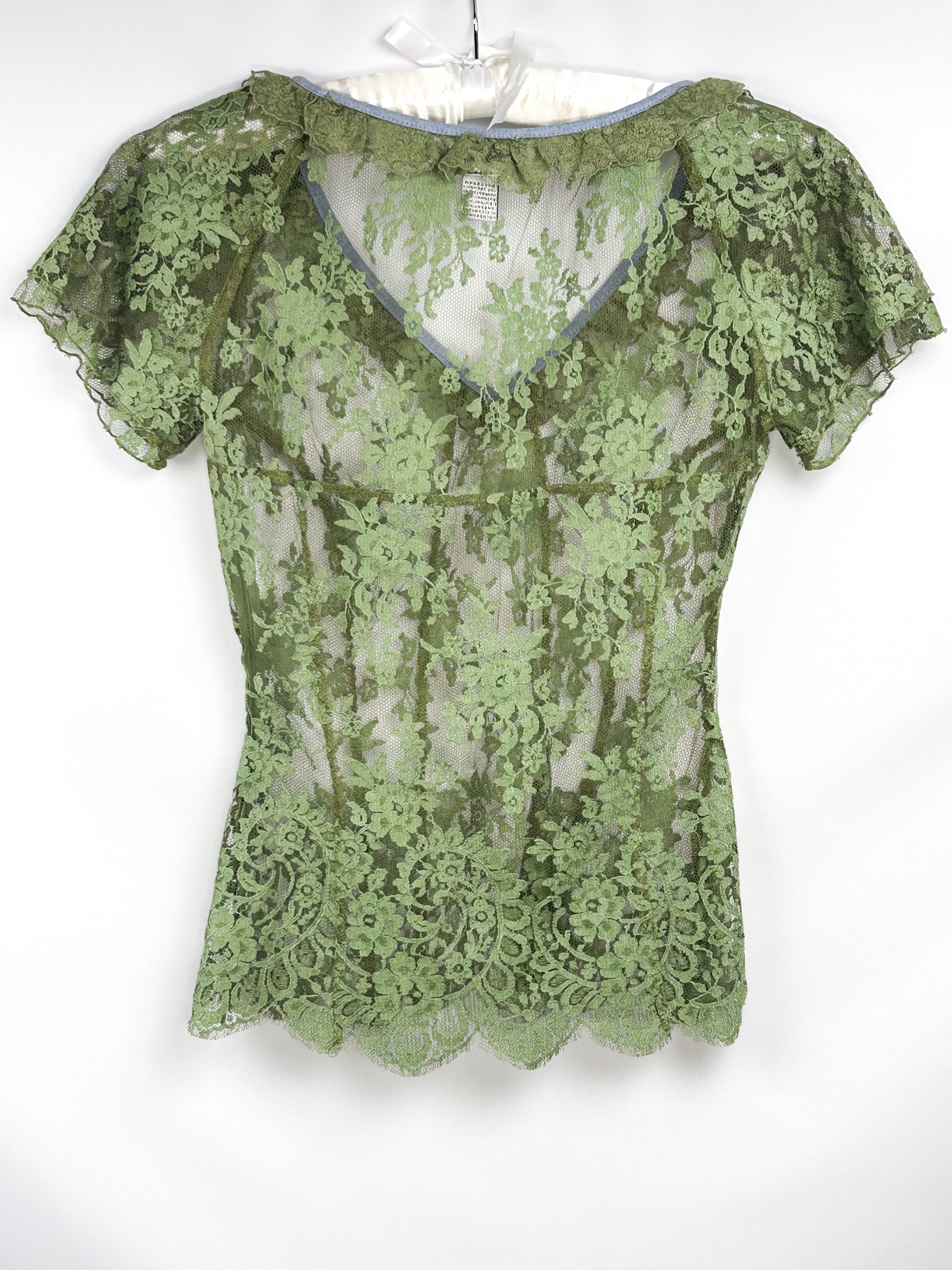 D&G Dolce & Gabbana 2000s Green Floral Lace V-Neck Top - XS