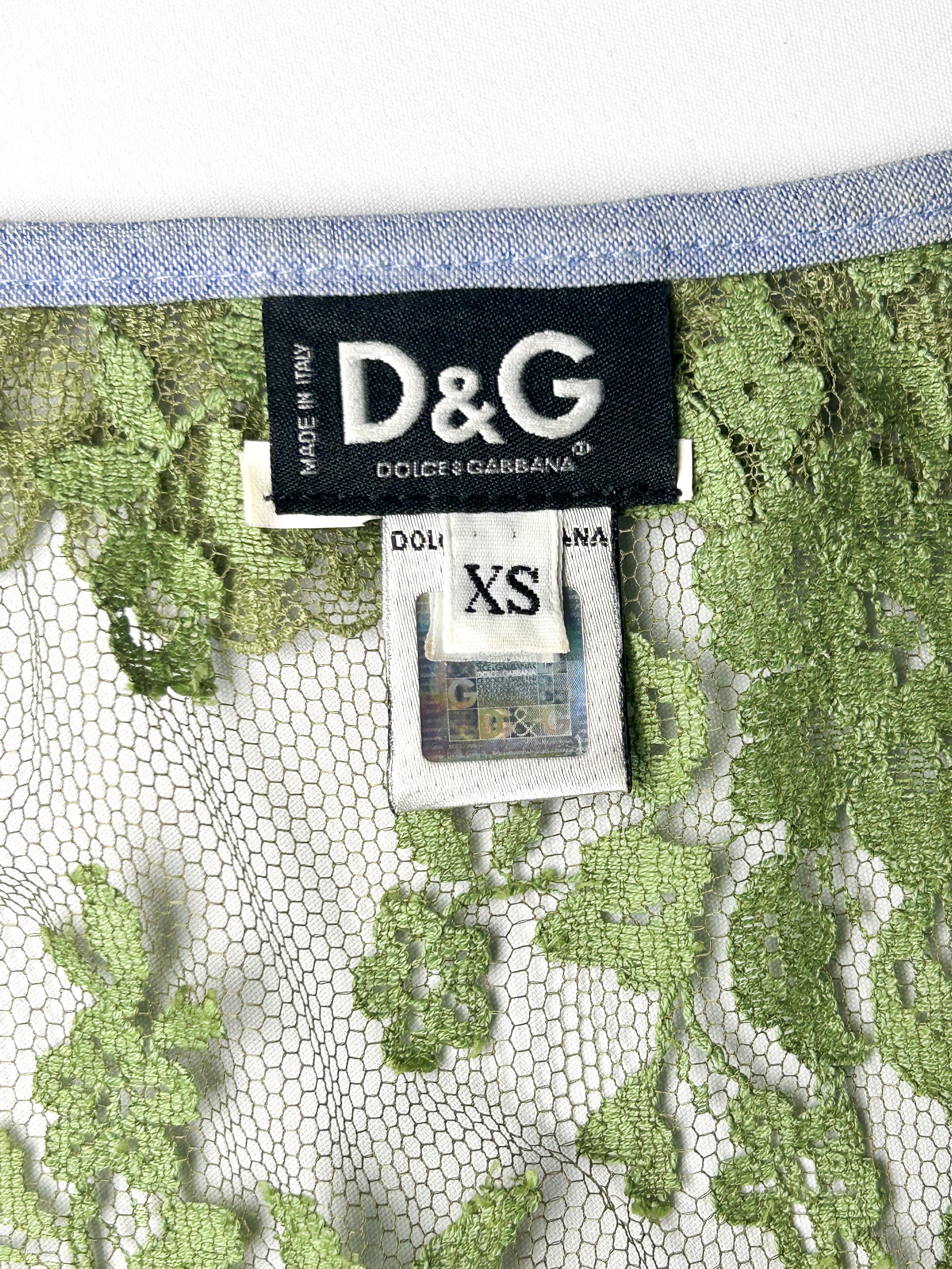 D&G Dolce & Gabbana 2000s Green Floral Lace V-Neck Top - XS
