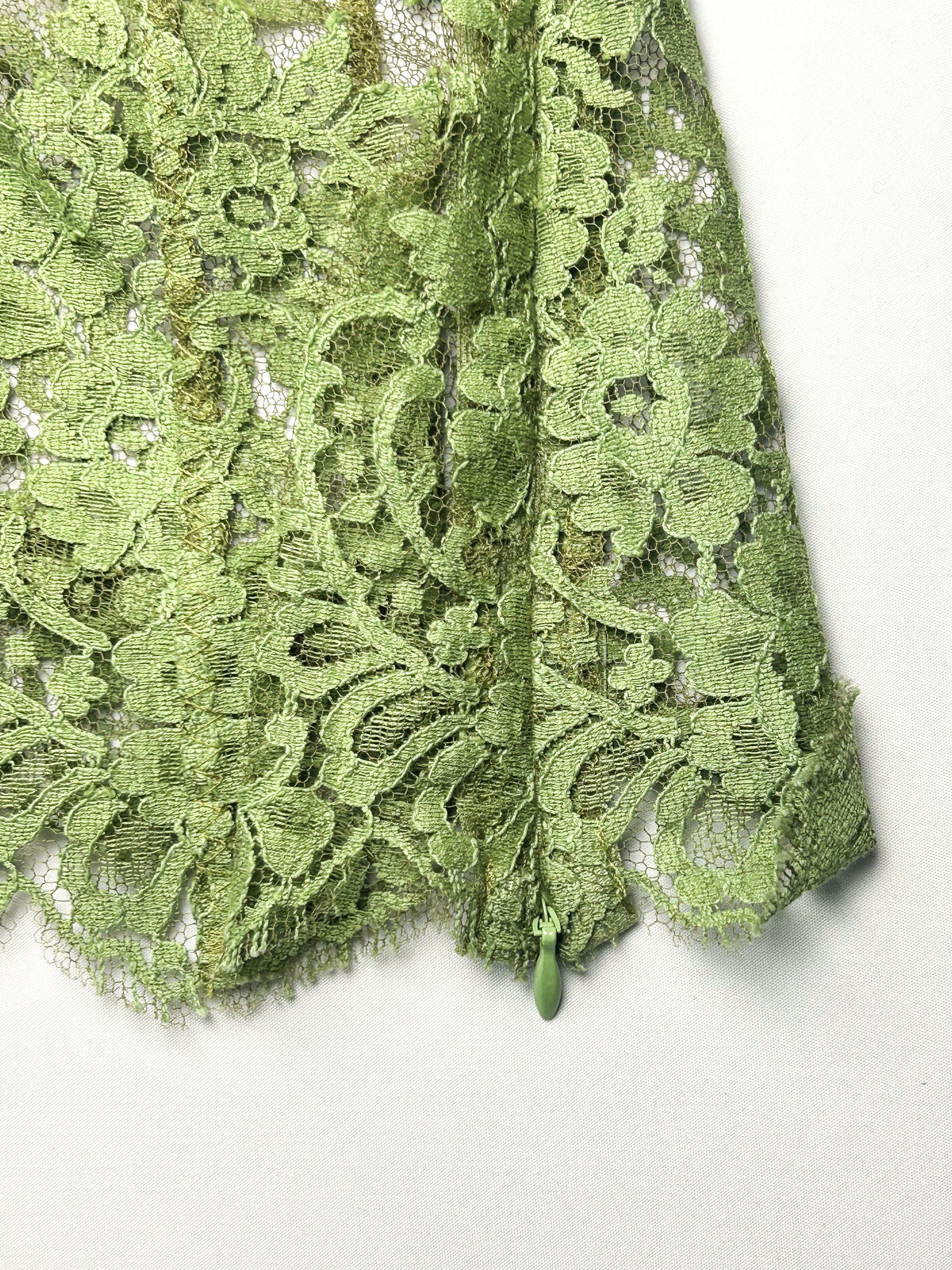 D&G Dolce & Gabbana 2000s Green Floral Lace V-Neck Top - XS