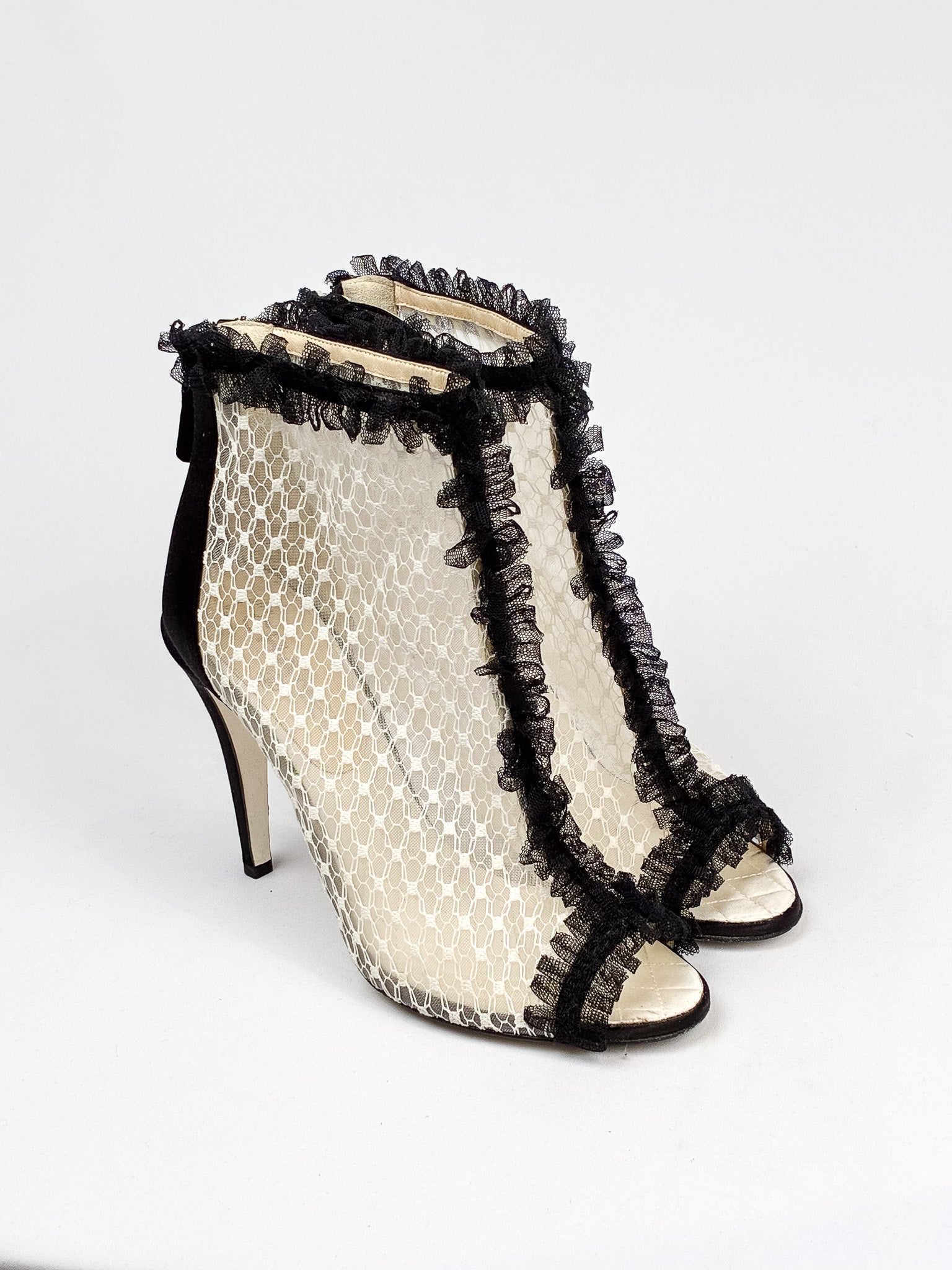 Chanel 2010s Black Satin & Ivory Lace Peep-Toe Booties - 39.5