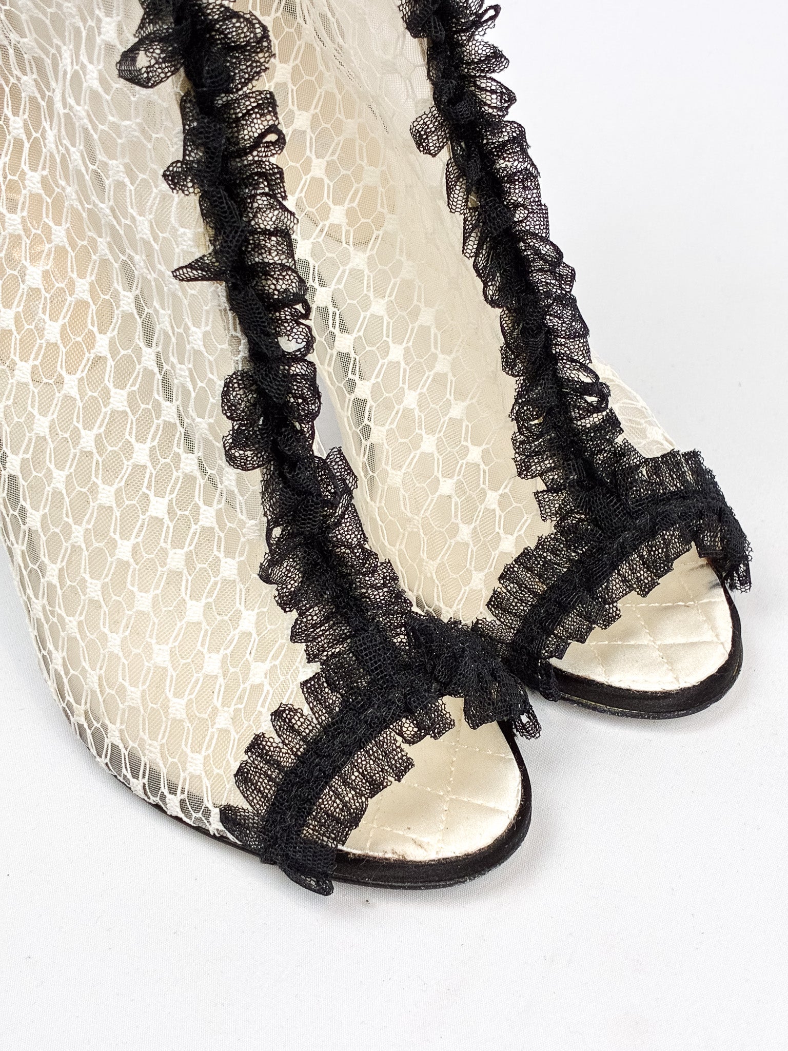 Chanel 2010s Black Satin & Ivory Lace Peep-Toe Booties - 39.5