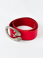 2000s Red Leather Belt with Silver Oval Buckle - 65/70
