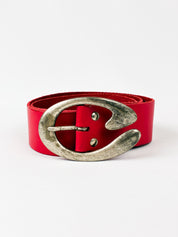 2000s Red Leather Belt with Silver Oval Buckle - 65/70