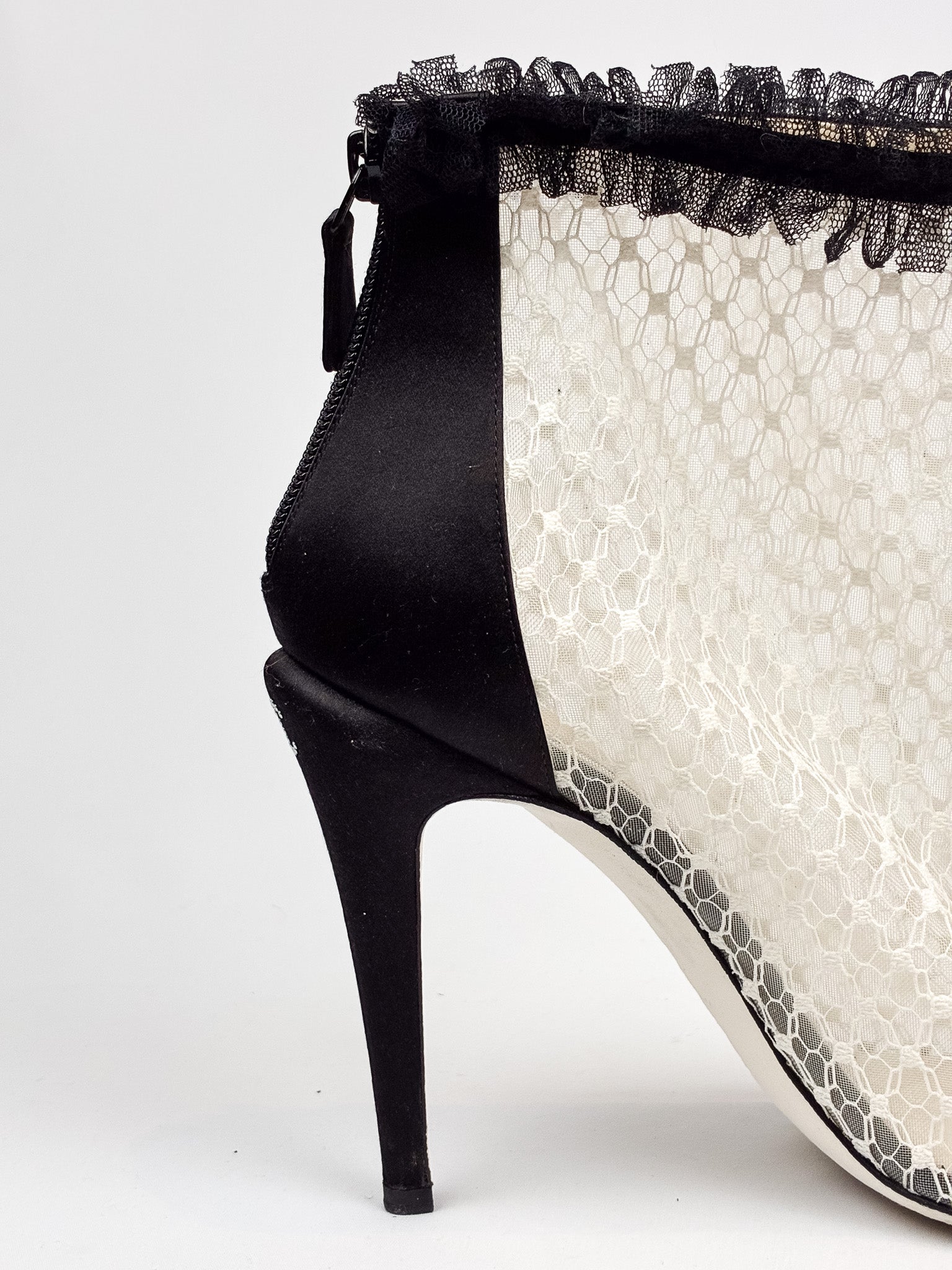 Chanel 2010s Black Satin & Ivory Lace Peep-Toe Booties - 39.5
