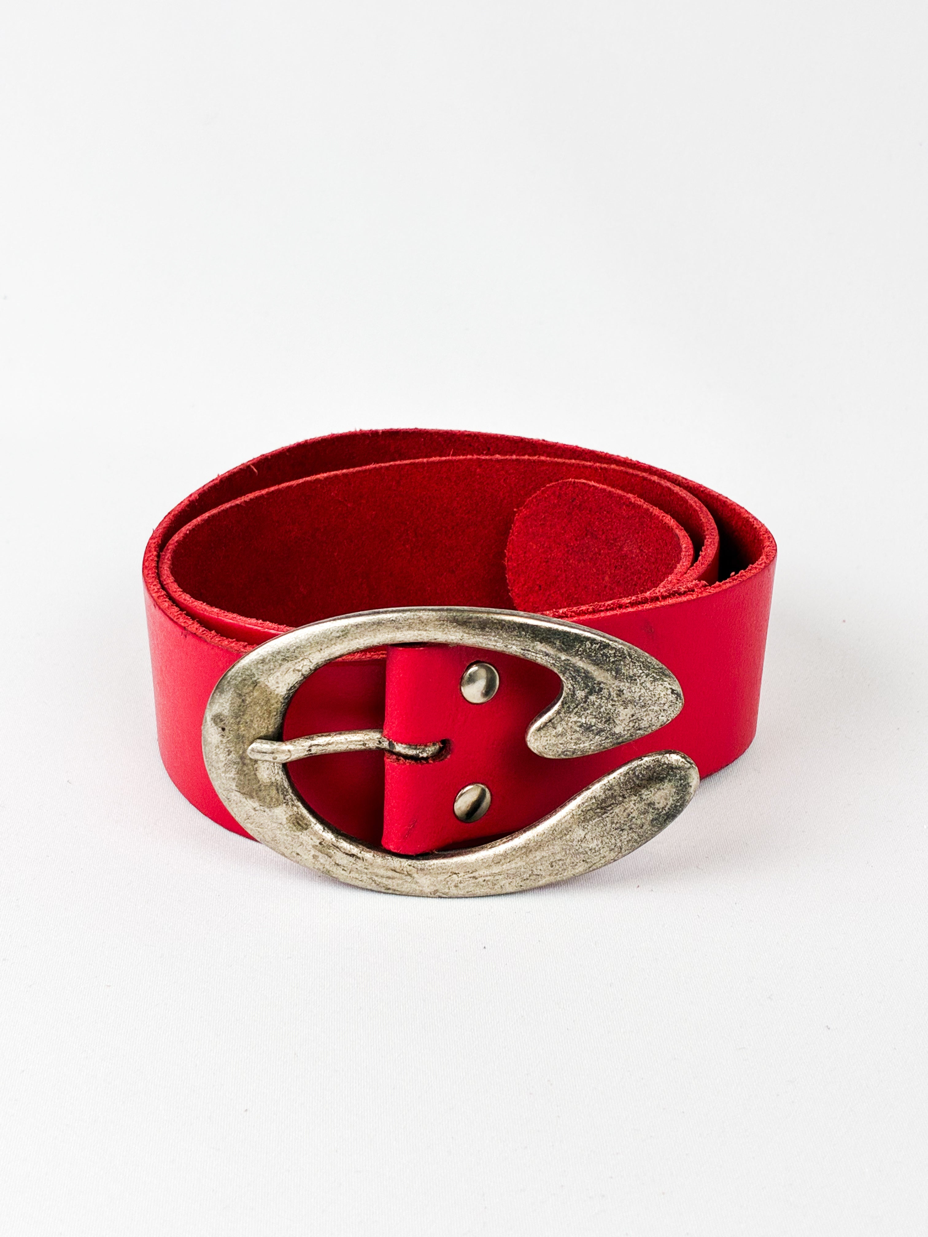 2000s Red Leather Belt with Silver Oval Buckle - 65/70