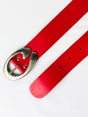 2000s Red Leather Belt with Silver Oval Buckle - 65/70