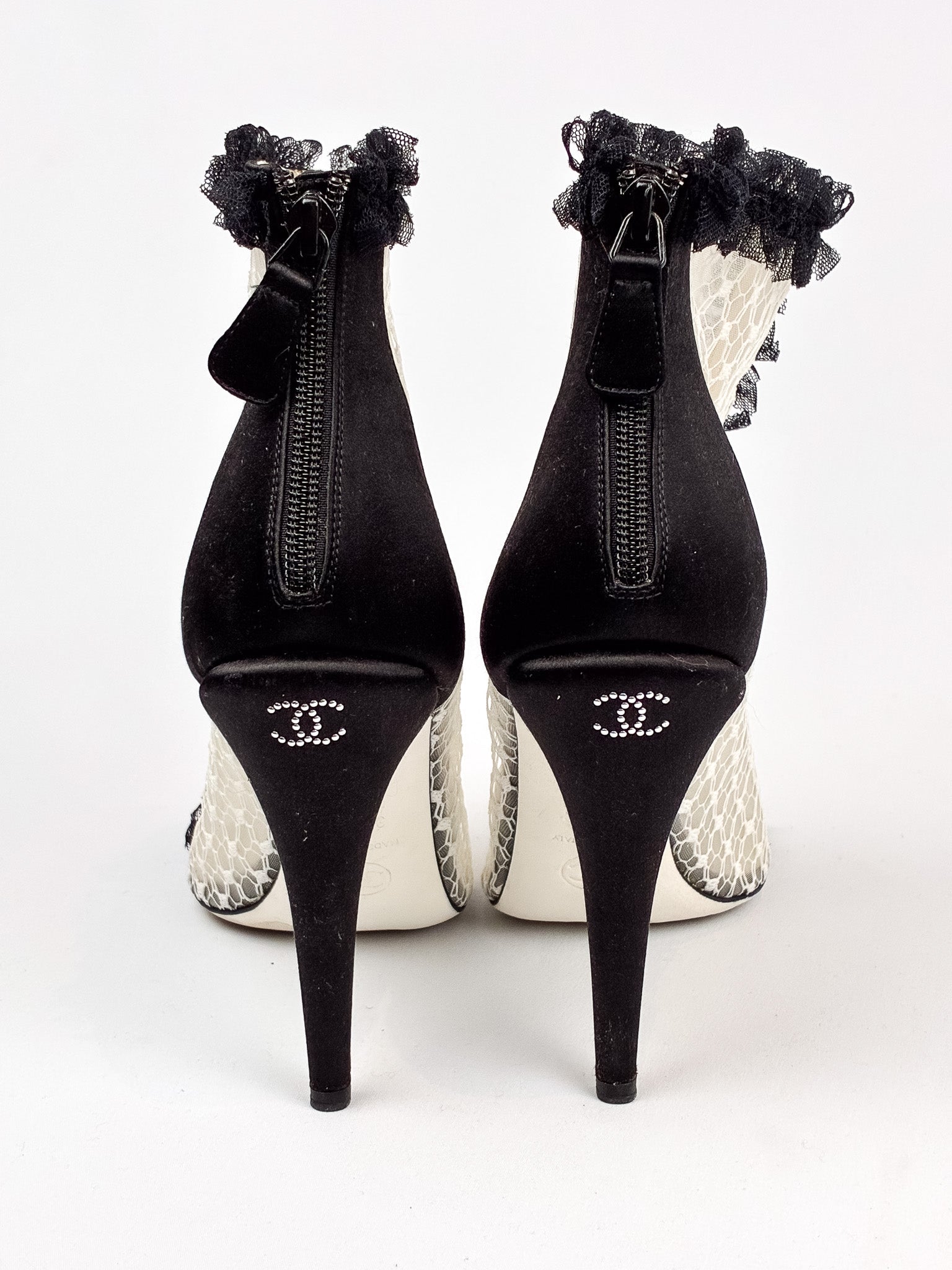 Chanel 2010s Black Satin & Ivory Lace Peep-Toe Booties - 39.5