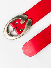 2000s Red Leather Belt with Silver Oval Buckle - 65/70