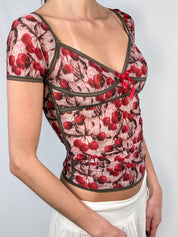Roberto Cavalli Underwear 2000s Cherry Print Mesh Top - S/M
