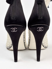 Chanel 2010s Black Satin & Ivory Lace Peep-Toe Booties - 39.5