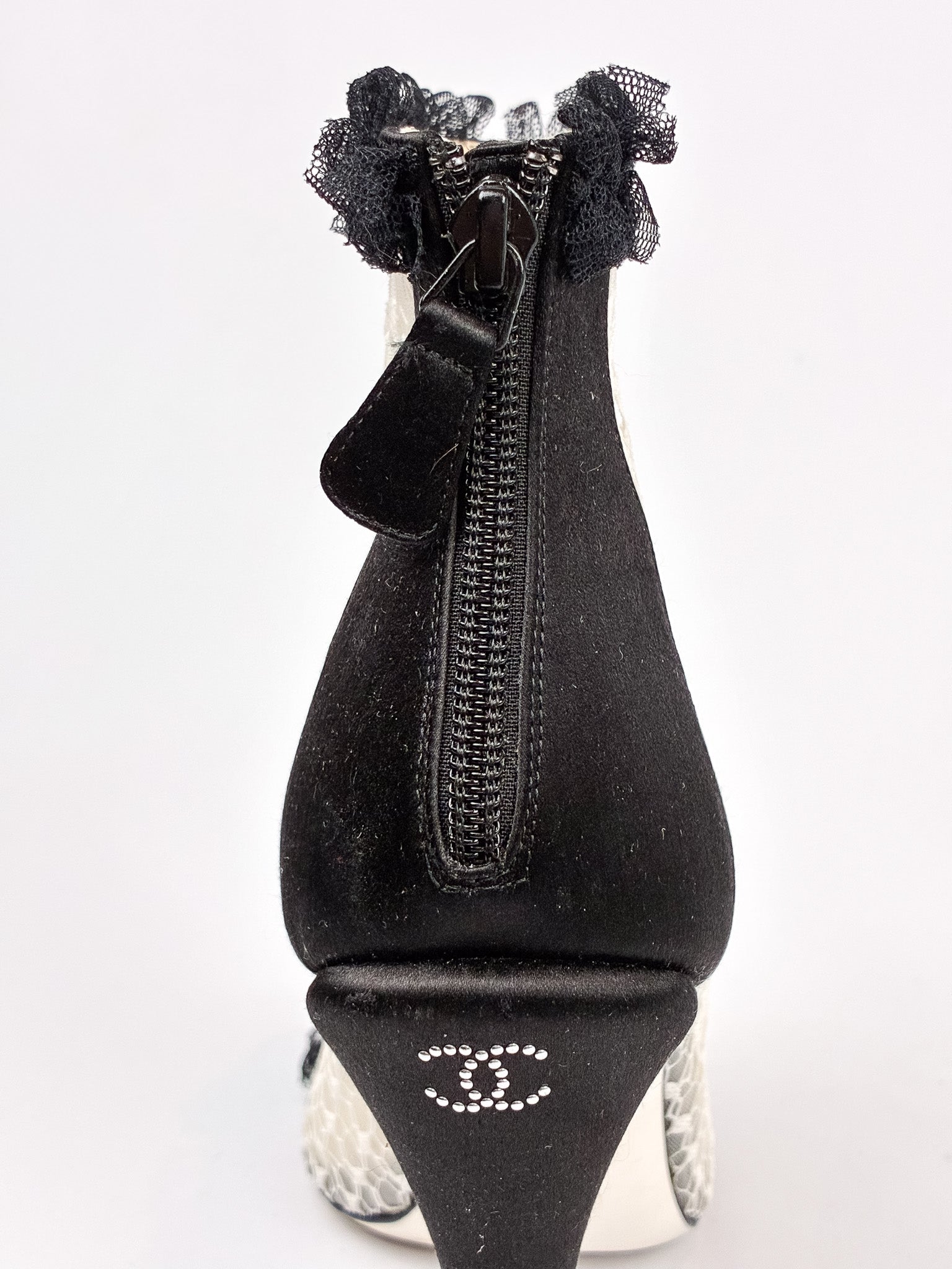 Chanel 2010s Black Satin & Ivory Lace Peep-Toe Booties - 39.5