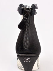 Chanel 2010s Black Satin & Ivory Lace Peep-Toe Booties - 39.5