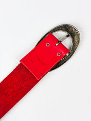 2000s Red Leather Belt with Silver Oval Buckle - 65/70