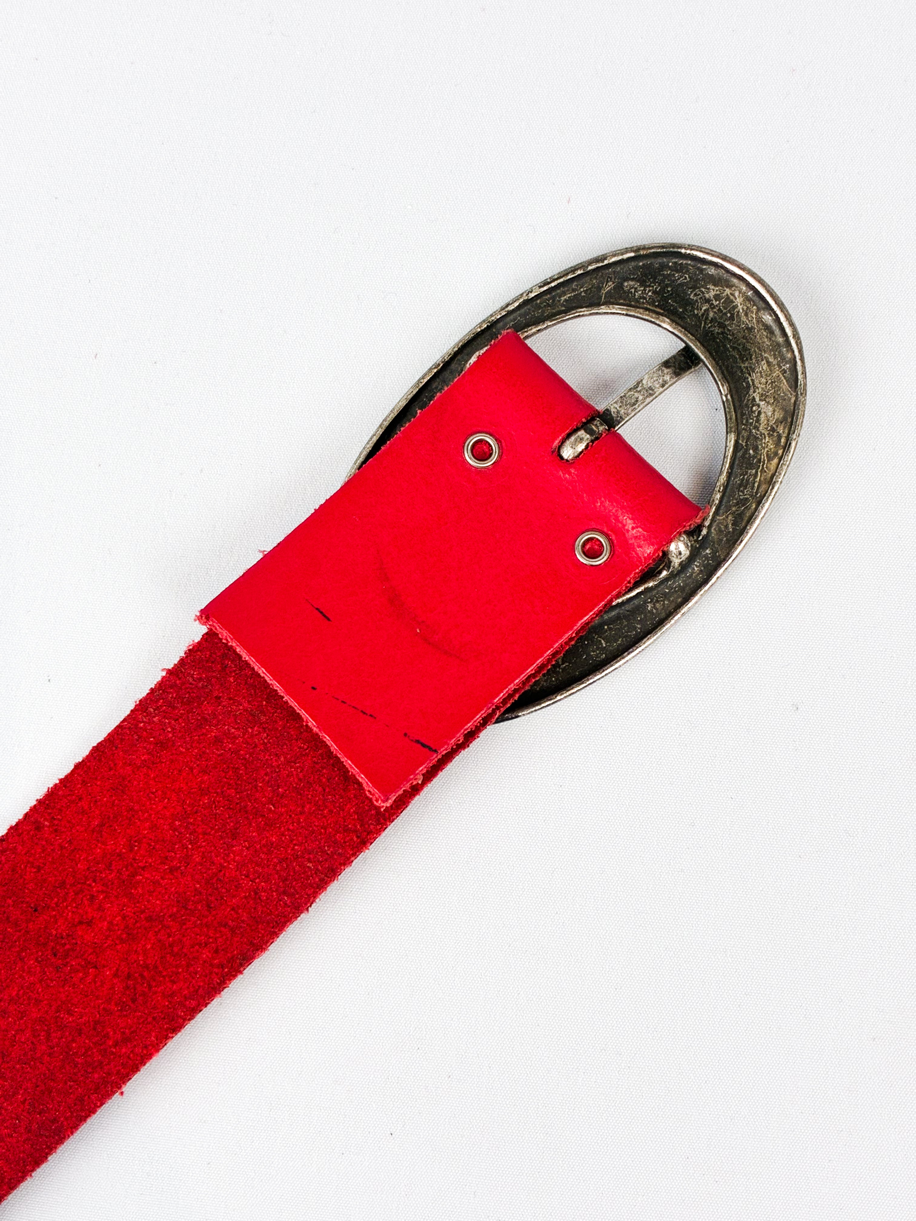 2000s Red Leather Belt with Silver Oval Buckle - 65/70