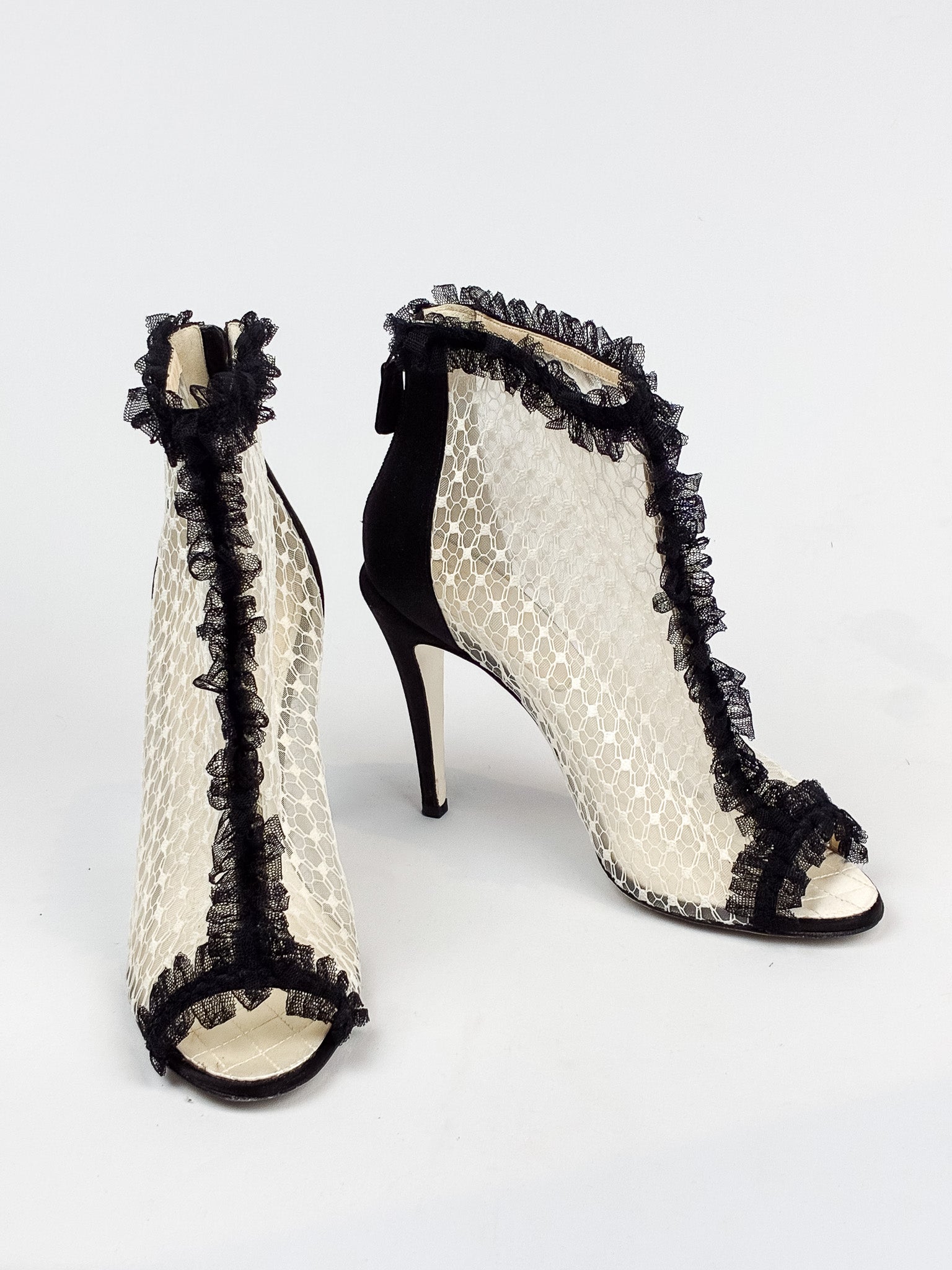Chanel 2010s Black Satin & Ivory Lace Peep-Toe Booties - 39.5