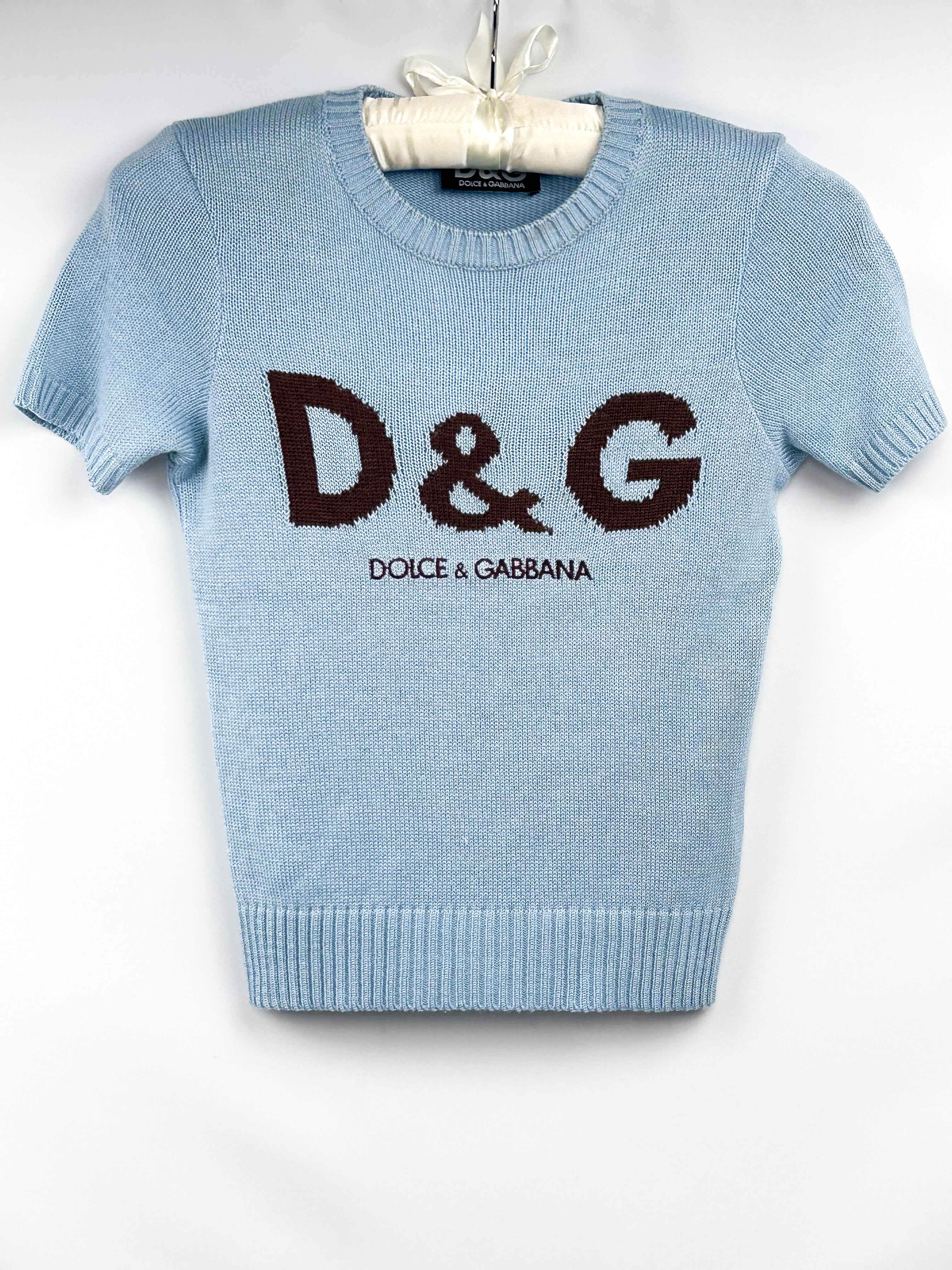 D&G Dolce & Gabbana 2000s Light Blue Logo Knit Top - XS