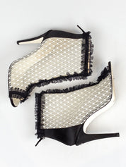 Chanel 2010s Black Satin & Ivory Lace Peep-Toe Booties - 39.5