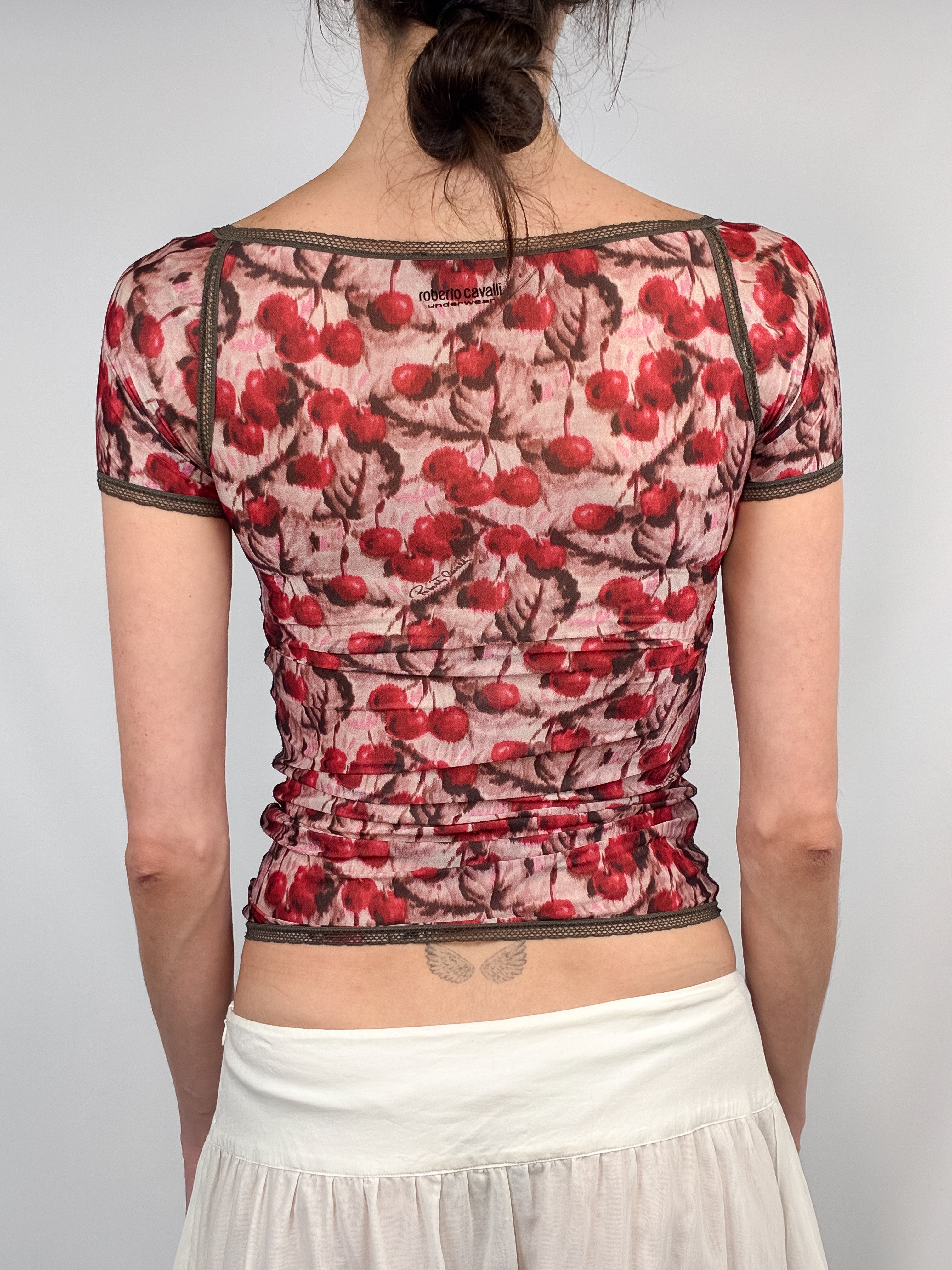 Roberto Cavalli Underwear 2000s Cherry Print Mesh Top - S/M