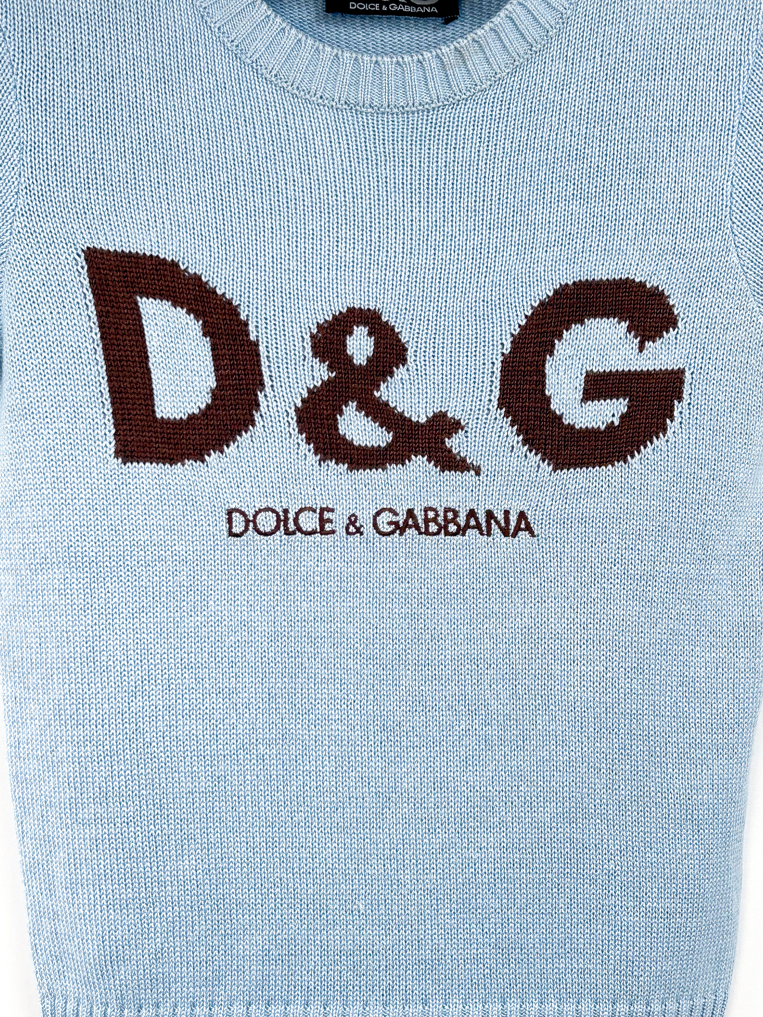 D&G Dolce & Gabbana 2000s Light Blue Logo Knit Top - XS