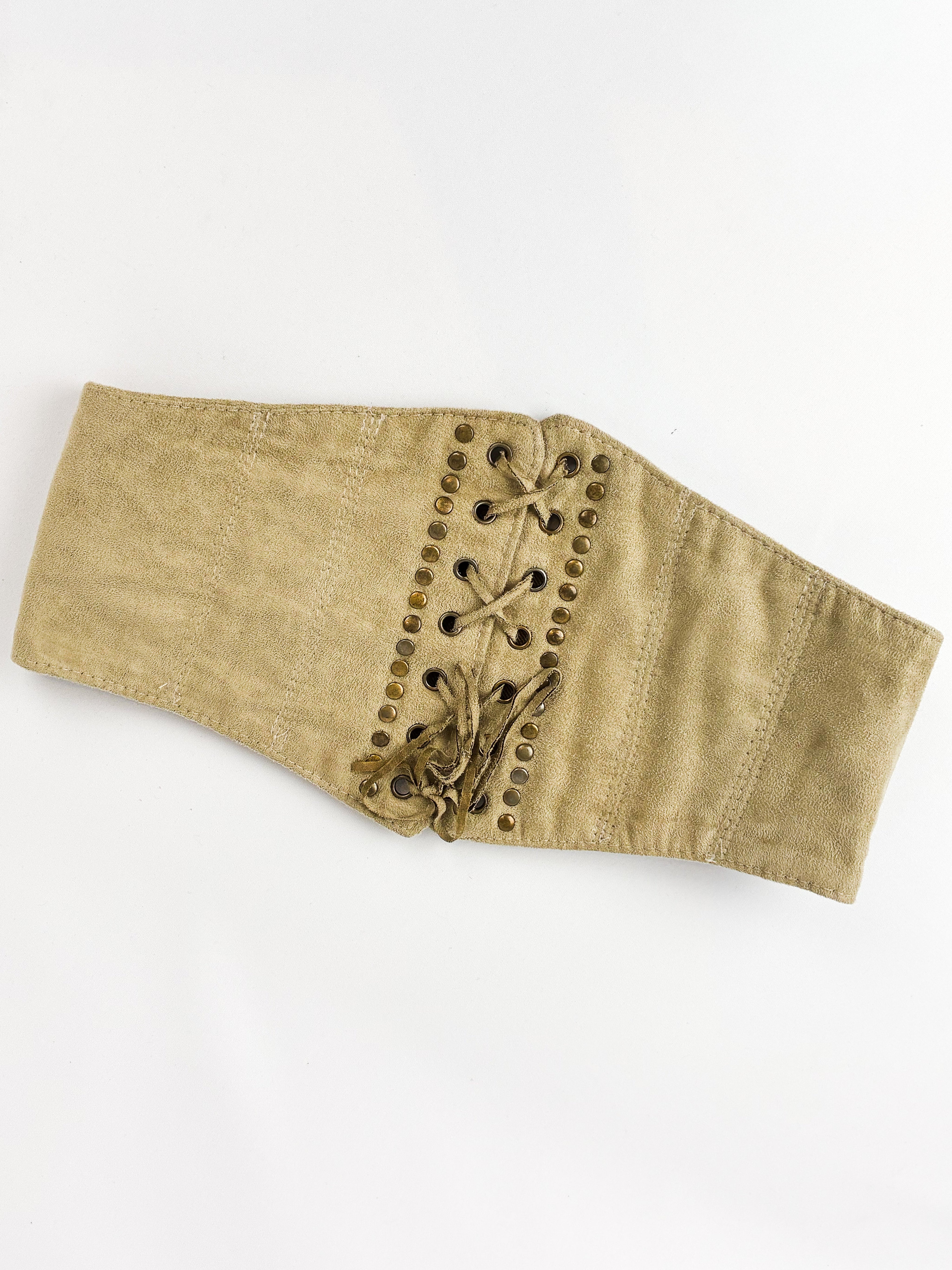 2000s Beige Studded Lace-Up Corset Belt - S/M