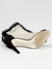 Chanel 2010s Black Satin & Ivory Lace Peep-Toe Booties - 39.5
