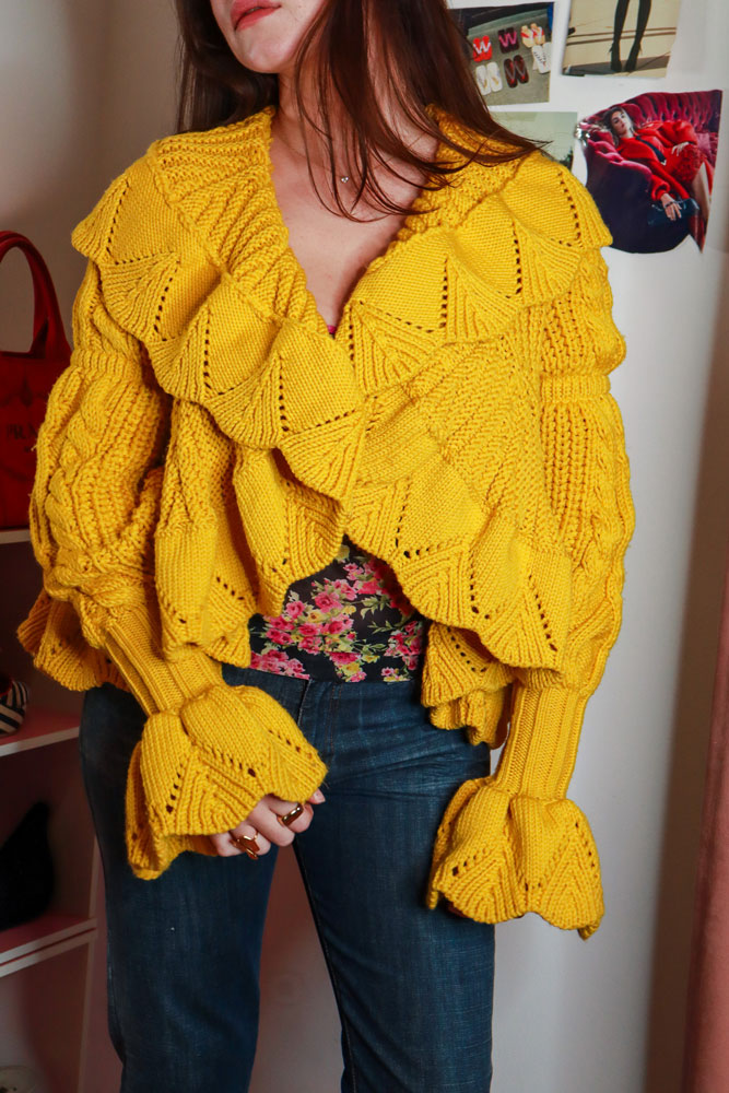 Just Cavalli Yellow Wool Knit Ruffle Cardigan