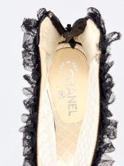 Chanel 2010s Black Satin & Ivory Lace Peep-Toe Booties - 39.5