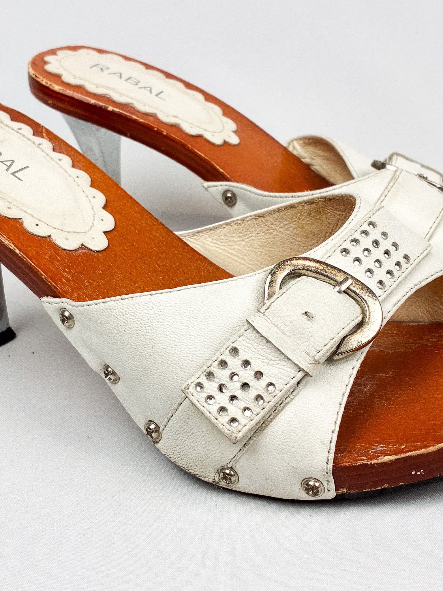 RABAL 2000s White Leather Studded Wood Sole Mules - As Is - 39