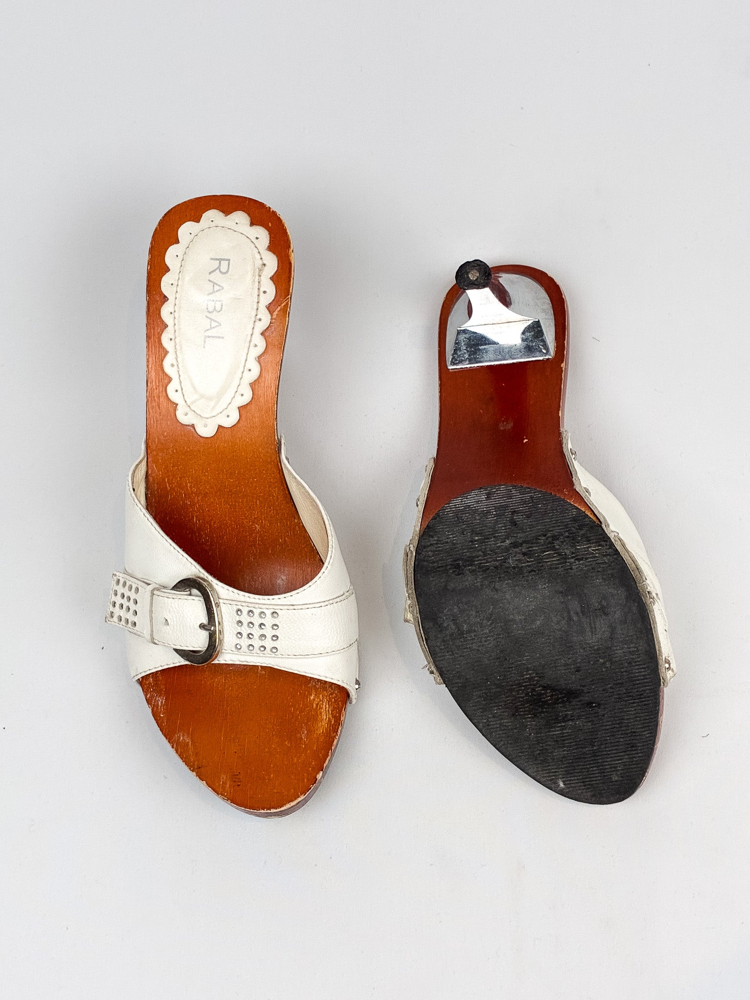 RABAL 2000s White Leather Studded Wood Sole Mules - As Is - 39
