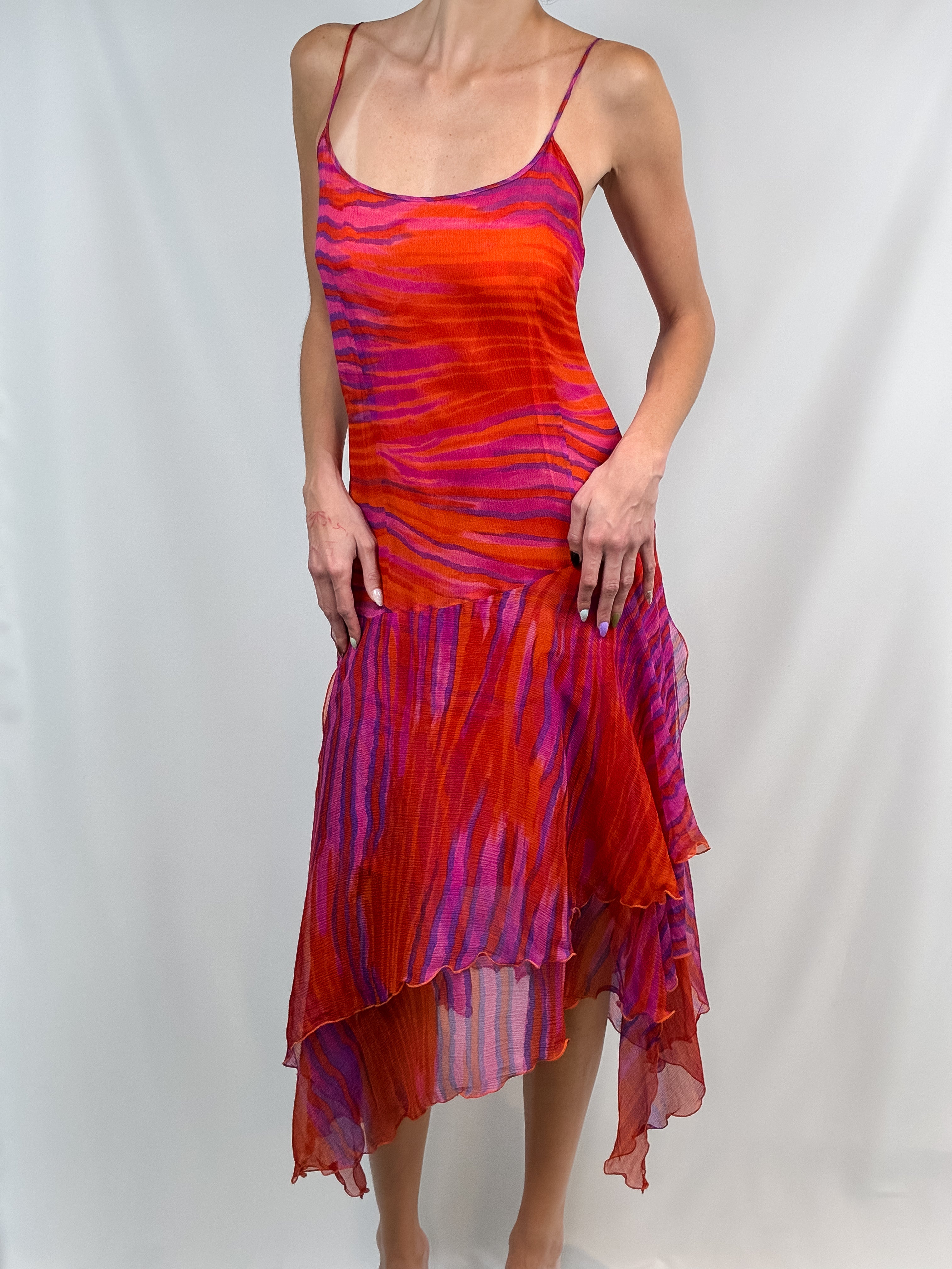 Les Copains 2000s Pink and Orange Silk Chiffon Handkerchief Hem Dress - M
