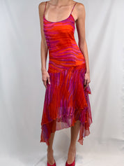 Les Copains 2000s Pink and Orange Silk Chiffon Handkerchief Hem Dress - M