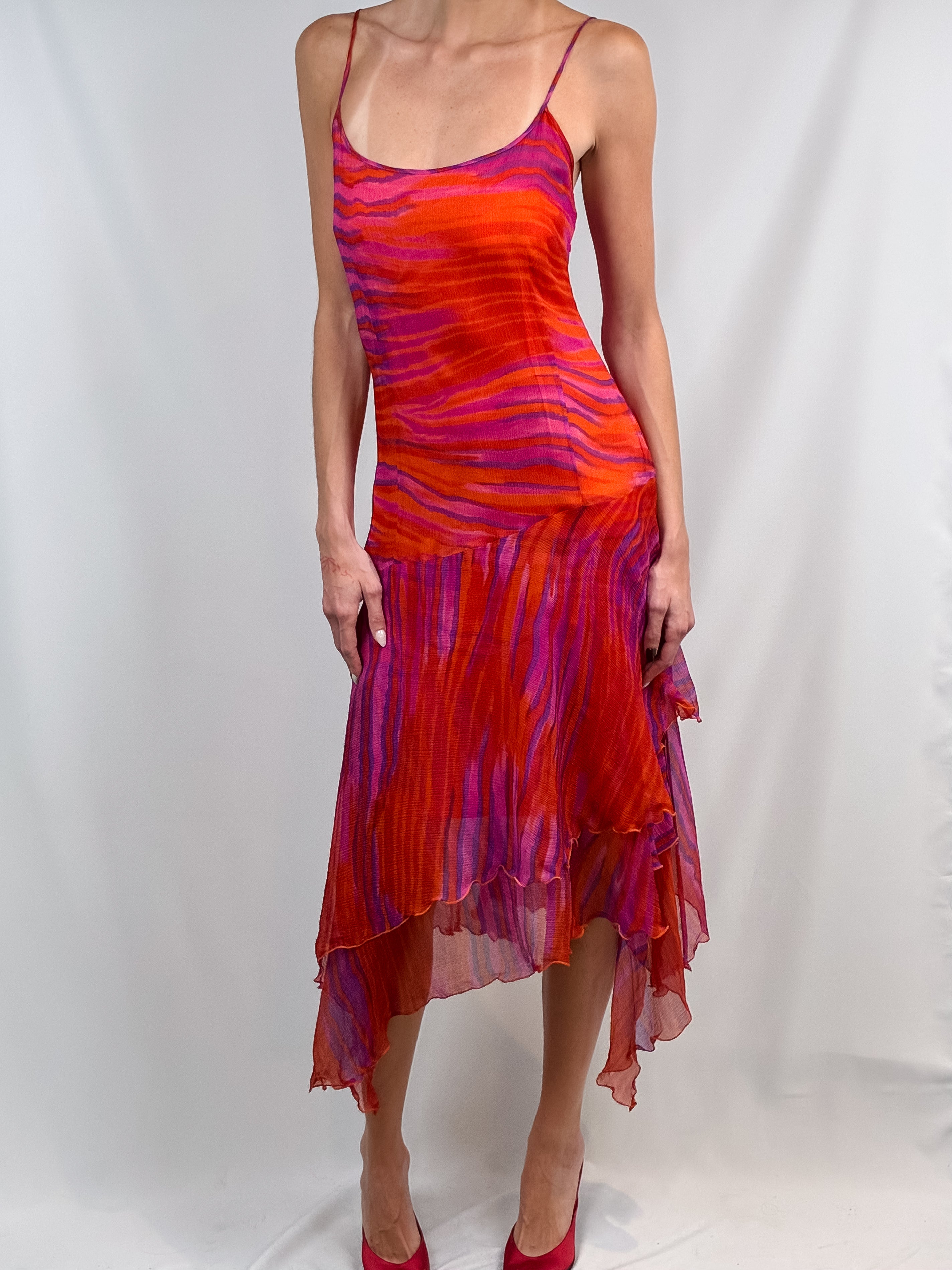 Les Copains 2000s Pink and Orange Silk Chiffon Handkerchief Hem Dress - M