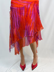 Les Copains 2000s Pink and Orange Silk Chiffon Handkerchief Hem Dress - M