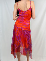 Les Copains 2000s Pink and Orange Silk Chiffon Handkerchief Hem Dress - M