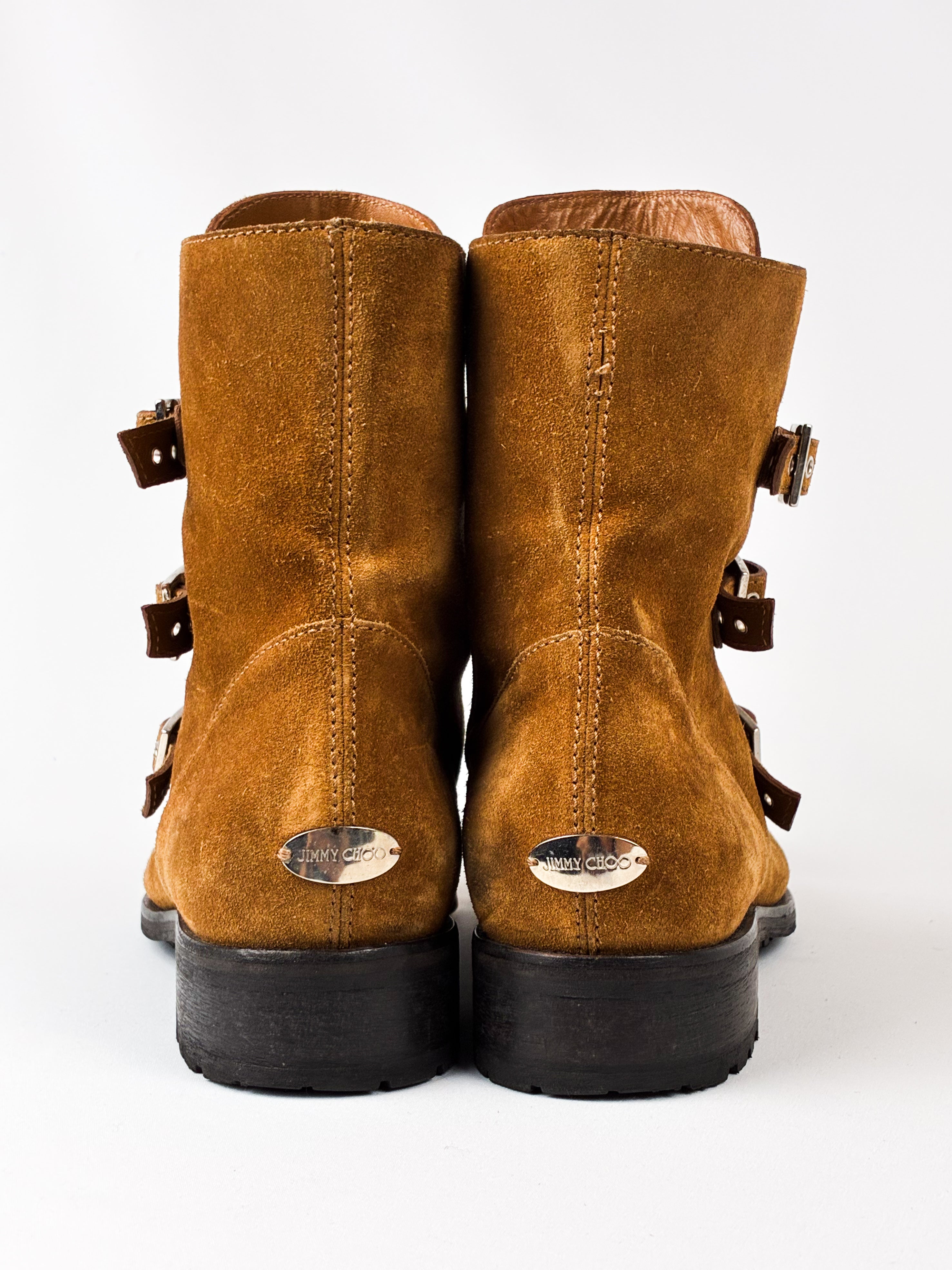 Jimmy Choo Tan Suede Buckle Biker Ankle Boots - EU 40.5 / US 9.5