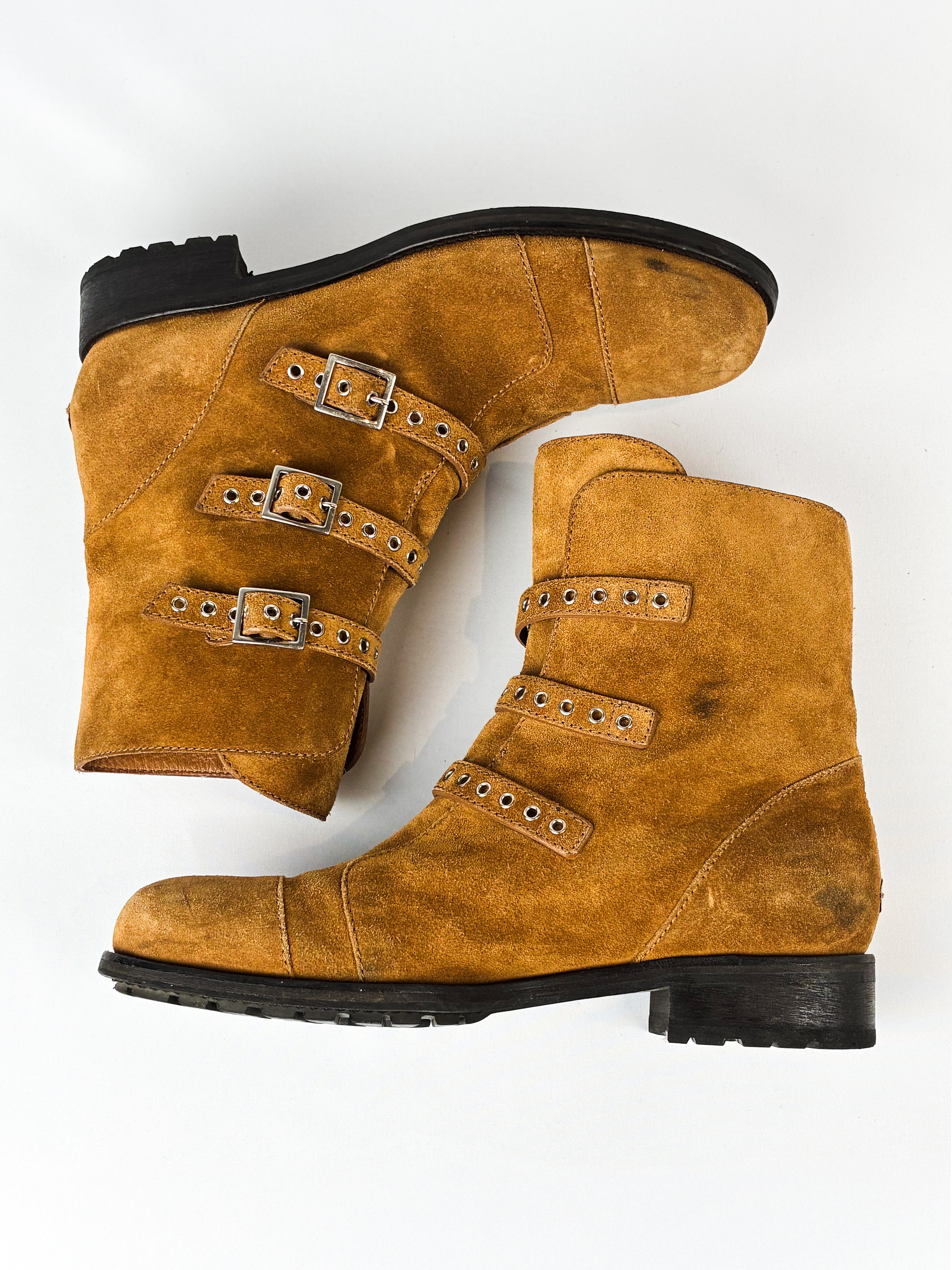 Jimmy Choo Tan Suede Buckle Biker Ankle Boots - EU 40.5 / US 9.5